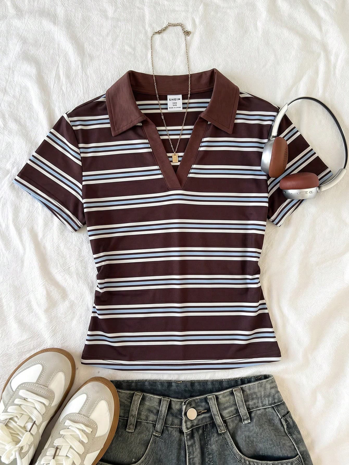 SHEIN Teen Girls' Royal Blue And White Collar Knit Casual Color-Blocked Fitted Slim Waist T-Shirt Top With Stripes, Girls' Polo Shirt, Casual Preppy Retro Striped Patchwork T-Shirt Top