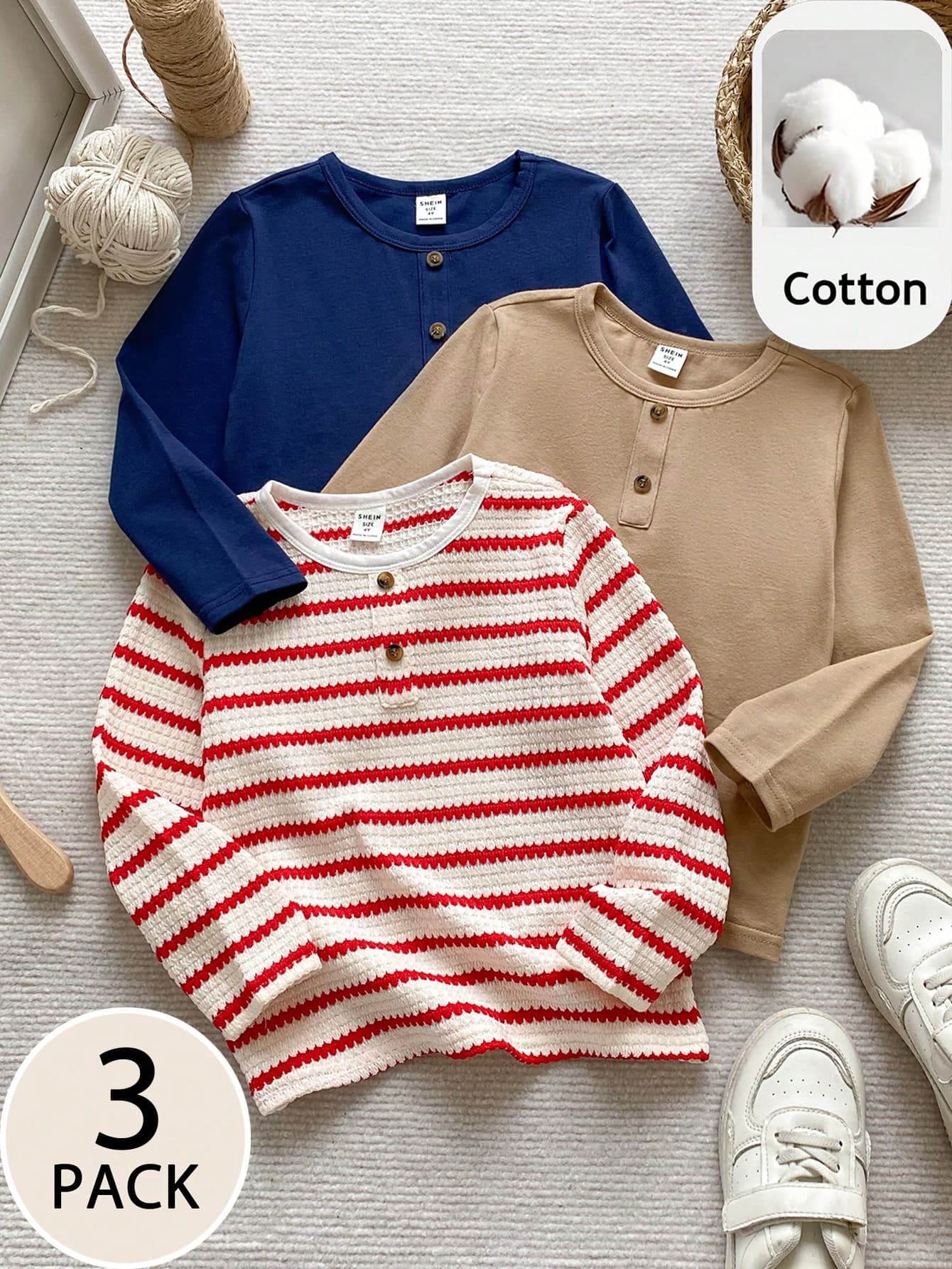 PrepCrw 3 Pcs Kids Young Boys Elegant Academy Red White Striped, Khaki And Navy Blue Crew Neck Long Sleeve T-Shirts, Suitable For Back To School, Autumn