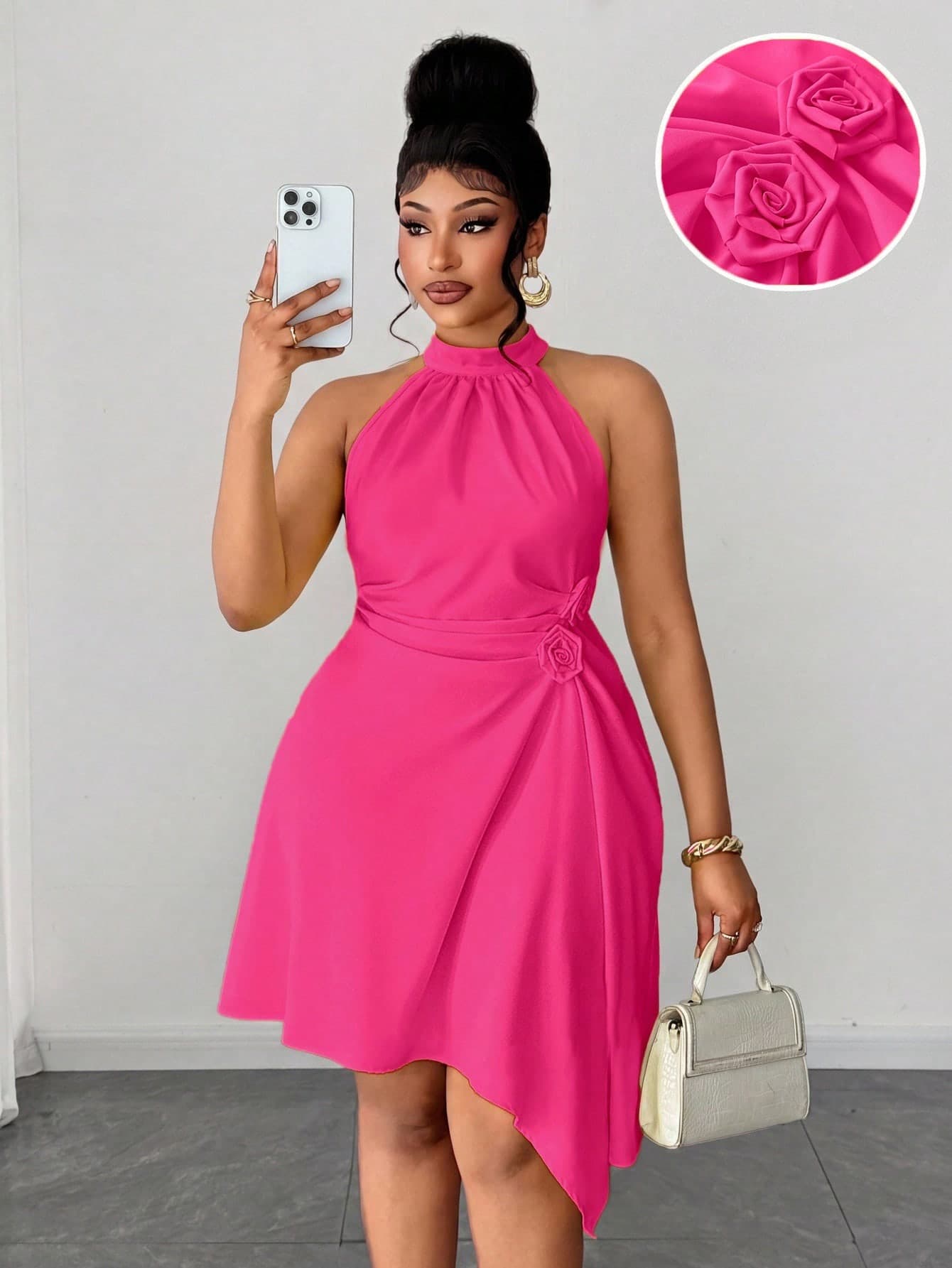 Maweii Spring/Summer 3D Floral Cinched Waist Pleated Elegant Sexy Minimalist Asymmetrical Hem Handkerchief Hem Vacation Casual Fashion Niche Design New Essential Daily Outfit Sophisticated High-End Exquisite Yellow Plus Size Women's Dress