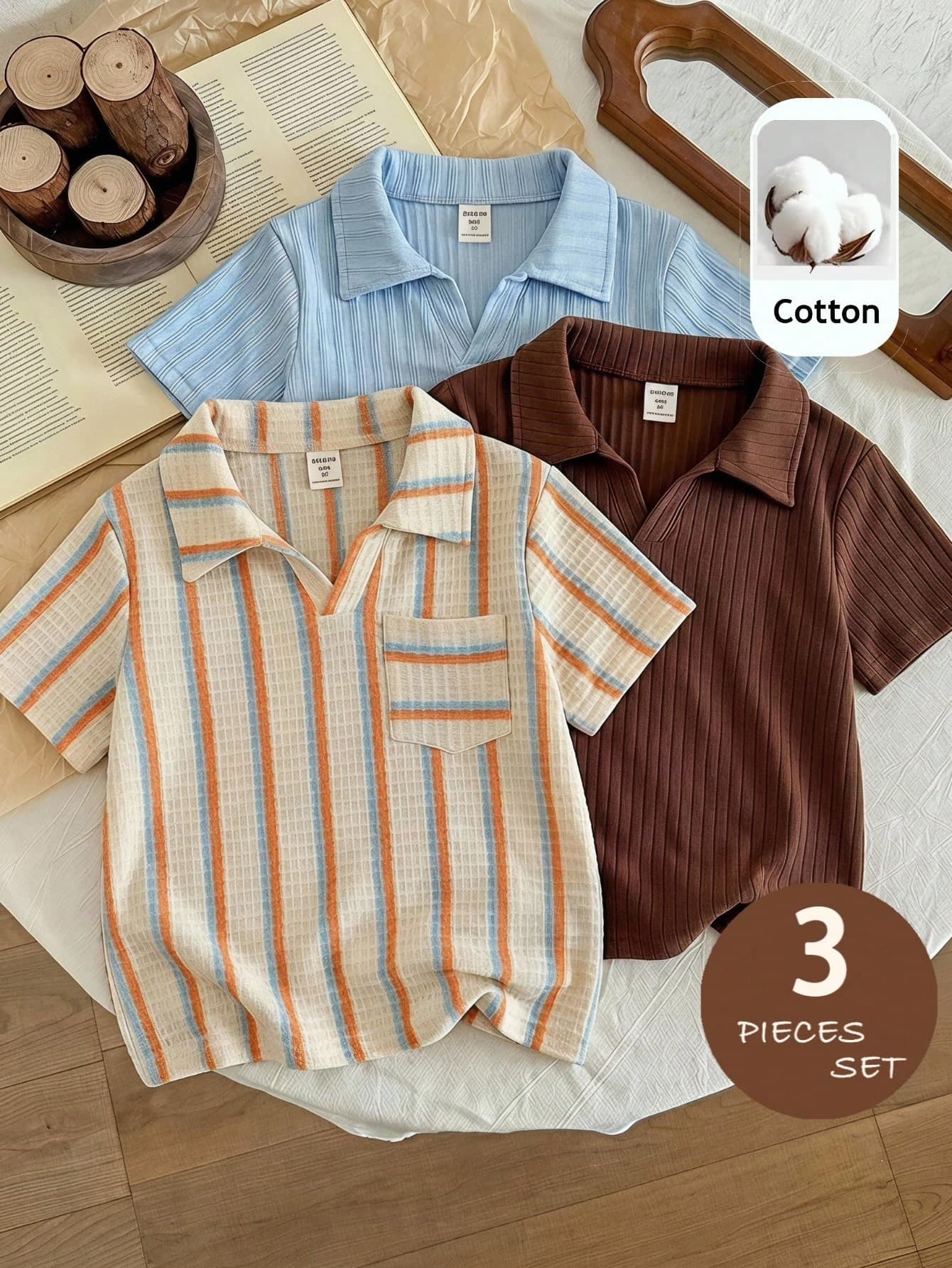 LMoss Kids Kids 3pcs Young Boy Solid Color Single Pocket Casual Polo Shirt Set