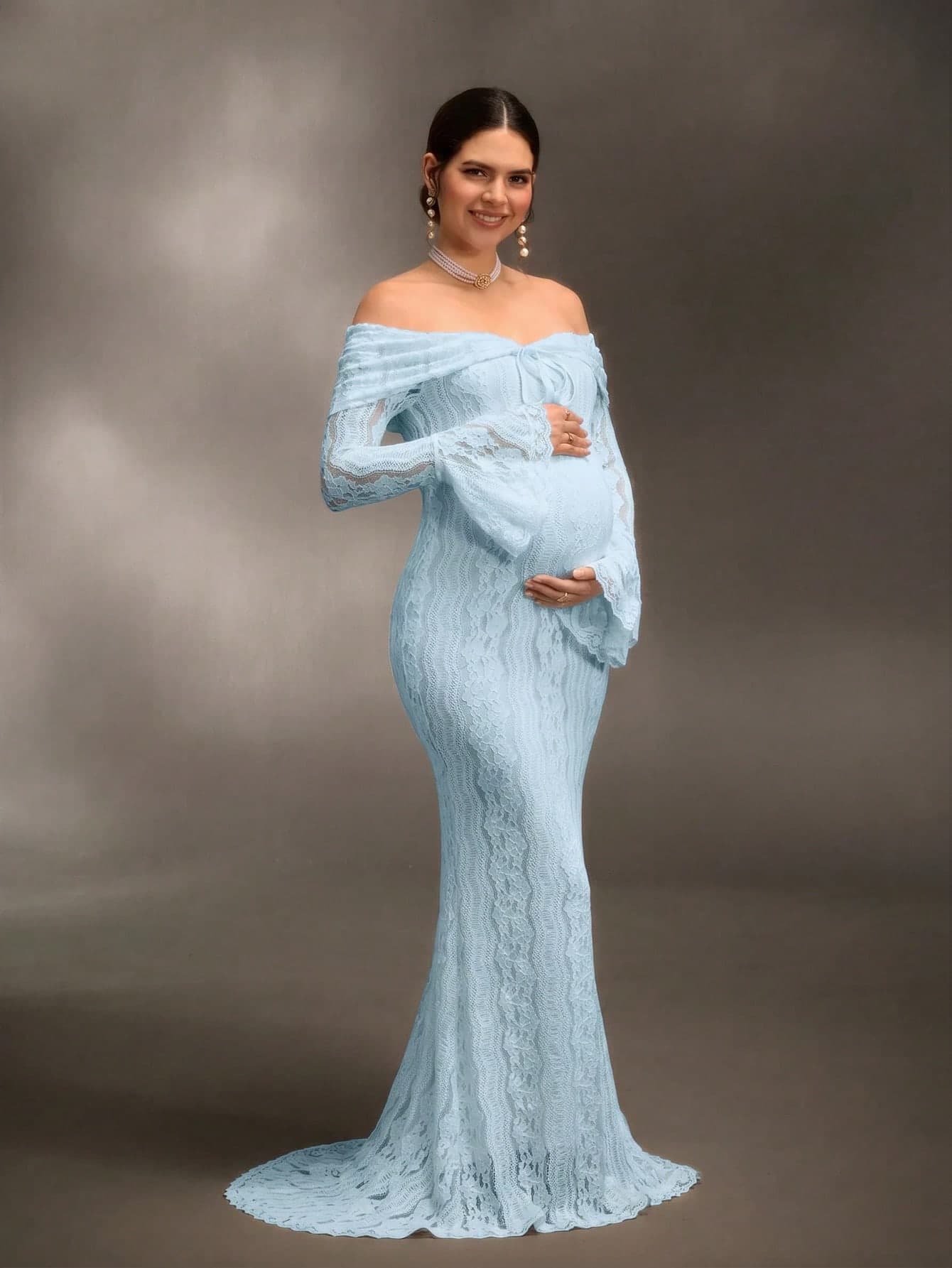 Cheriluna Maternity Christmas Party Dress/Elegant Party Dresses/Baby Shower Party Dress Elegant Off-Shoulder White Lace Long Sleeve Extra Long Mermaid Dress Suitable For Wedding, Party, Maternity Photoshoot, Baby Shower Party