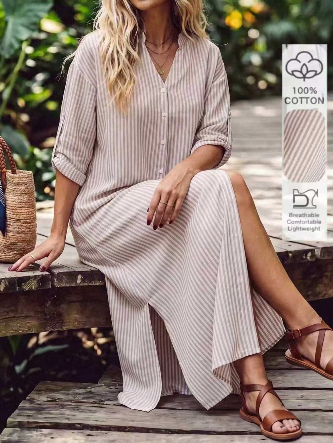 SHEIN LUNE CURVE Plus Size Women's Casual 3/4 Sleeve Cotton Blend Striped Fabric Casual Dress, Vacation & Home Long Dress, Button-Down Design, Light Color Striped Vintage Long Dress. Suitable For Ball, Date Party, Wedding Season, Outing, Etc.