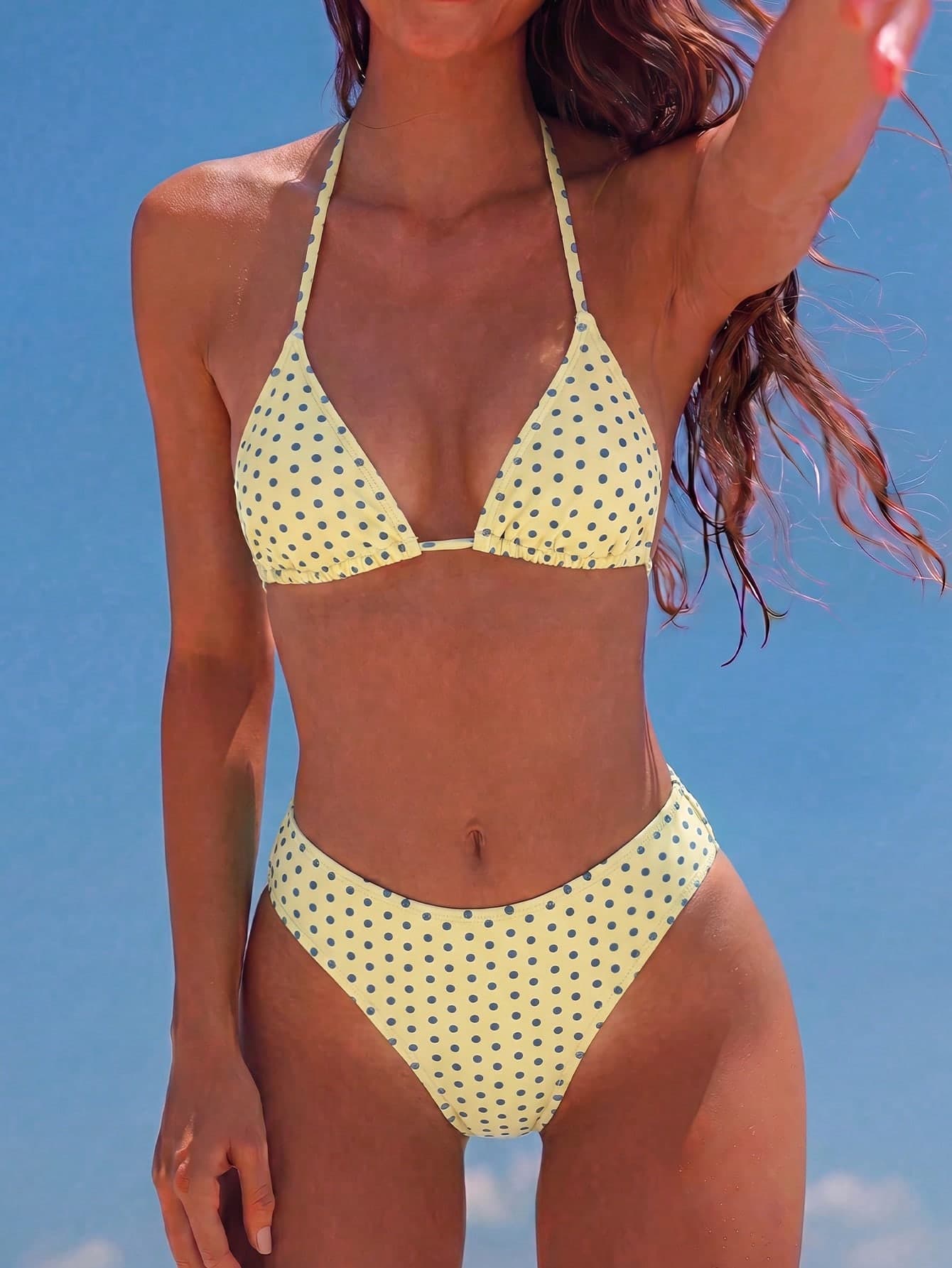 Swim Mod 2026 Spring/Summer Women's Spaghetti Strap Halter Neck Mustard Yellow With Grey Polka Dot Random Print Sweet Cute High Cut Side Bikini Swimwear Two Pieces Set