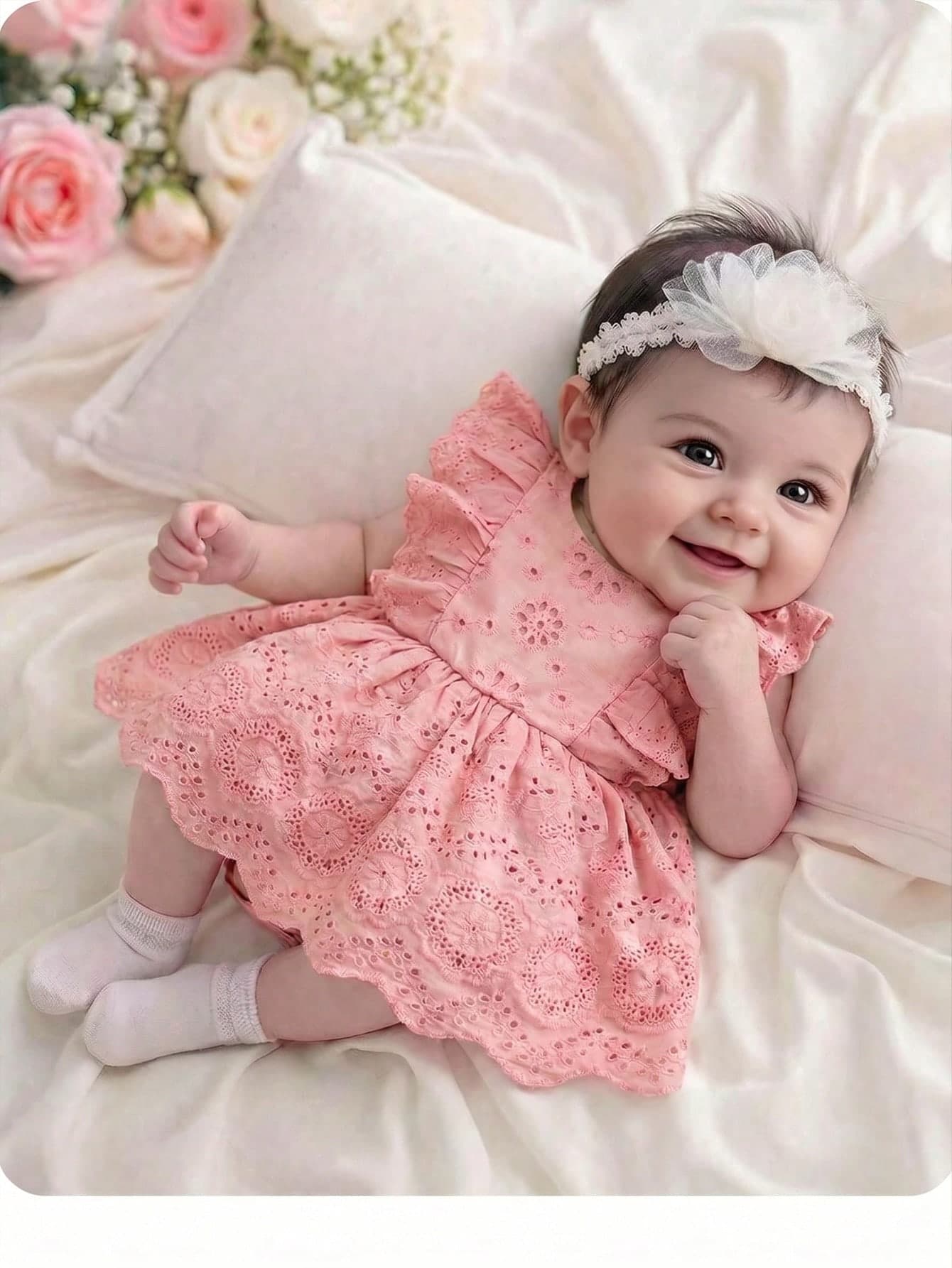 Newborn Baby Girl Cute Vacation Casual White Embroidered Floral Ruffle Romper