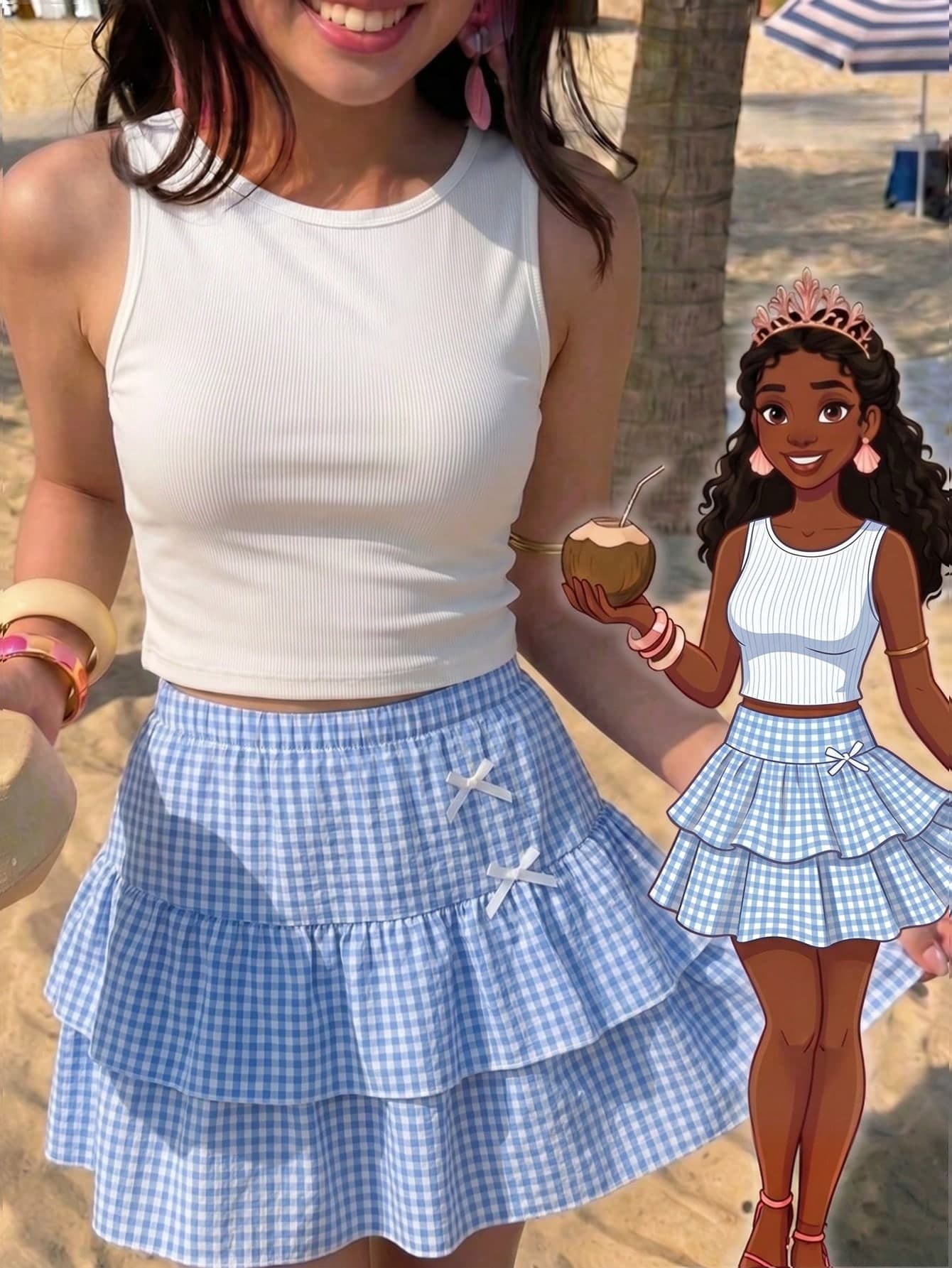 SHEIN This New 2-Piece Teen Girls Youth Suit Features A Fashionable, Casual, And Vacation-Style Comfortable Stretch Knit Jacquard Blue Round Neck Pullover Vest Paired With A Matching Two-Tiered Cake Skirt. The Gathered Waist And Hem Of The Vest Create A And Elegant Overall Look. This High-Quality Suit Is Perfect For Everyday Wear, Including Vacations, Travel, And Parties, And Is Ideal For Spring And Summer.