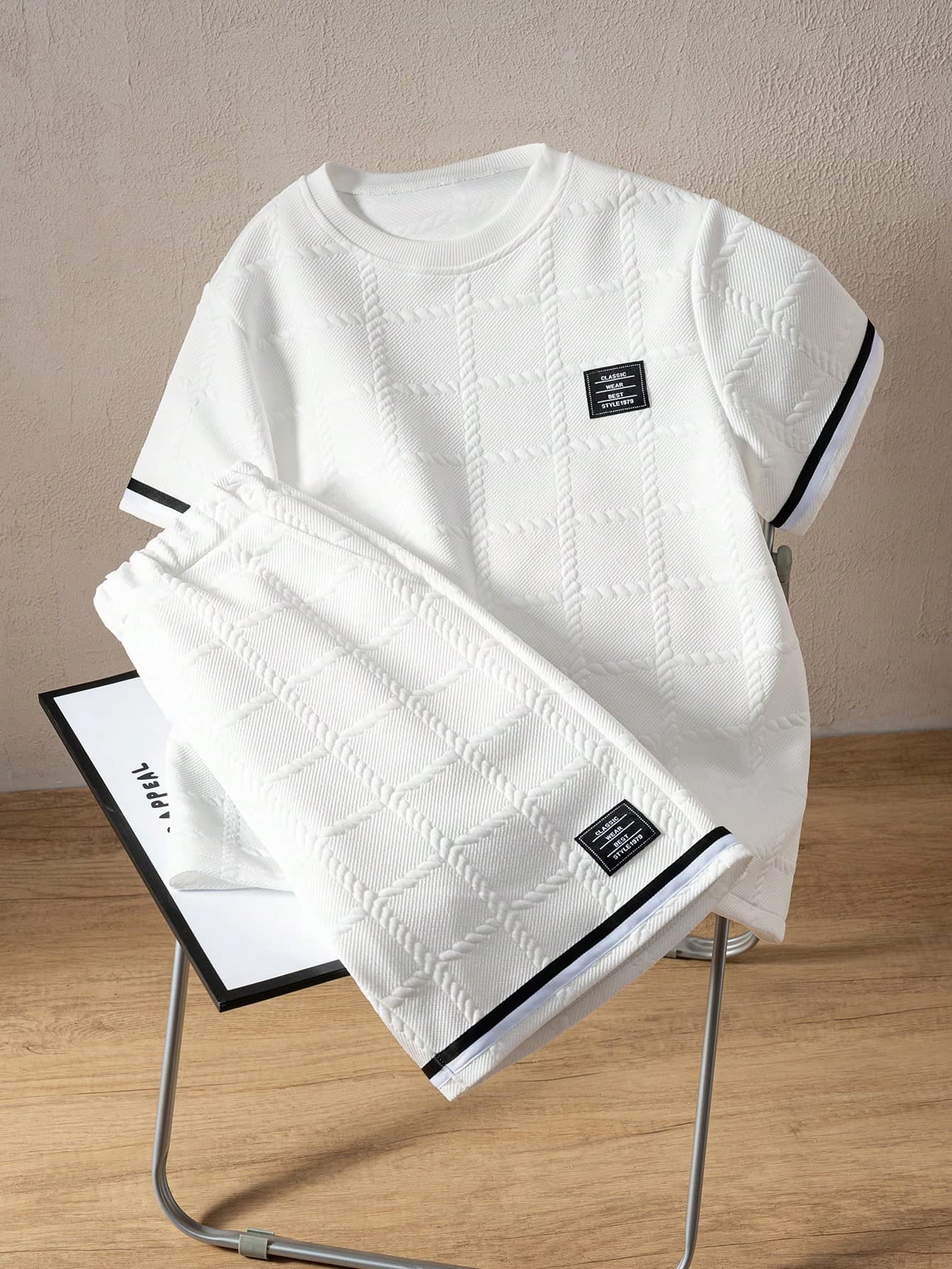 2pcs Vacaura Boy Outfit, Teens (Boys) Spring/Summer New Casual Fashion Minimalist White Textured Plaid Paris Print Short Sleeve T-Shirt And Shorts Set