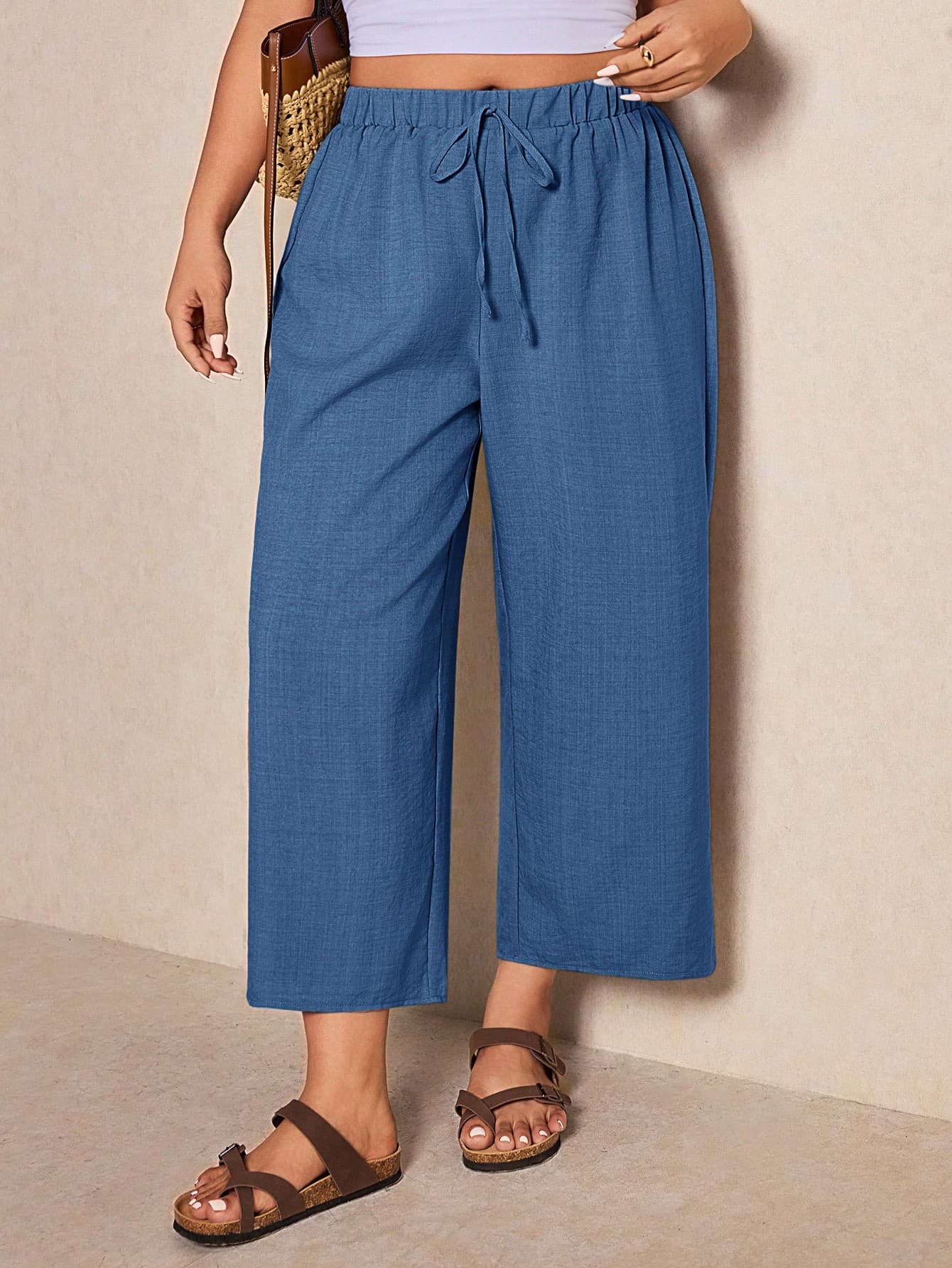 Elaquor Plus Size Women Solid Color Drawstring Waist Casual Versatile Daily Wear Long Pants Beach Vacation Dusty Blue Summer