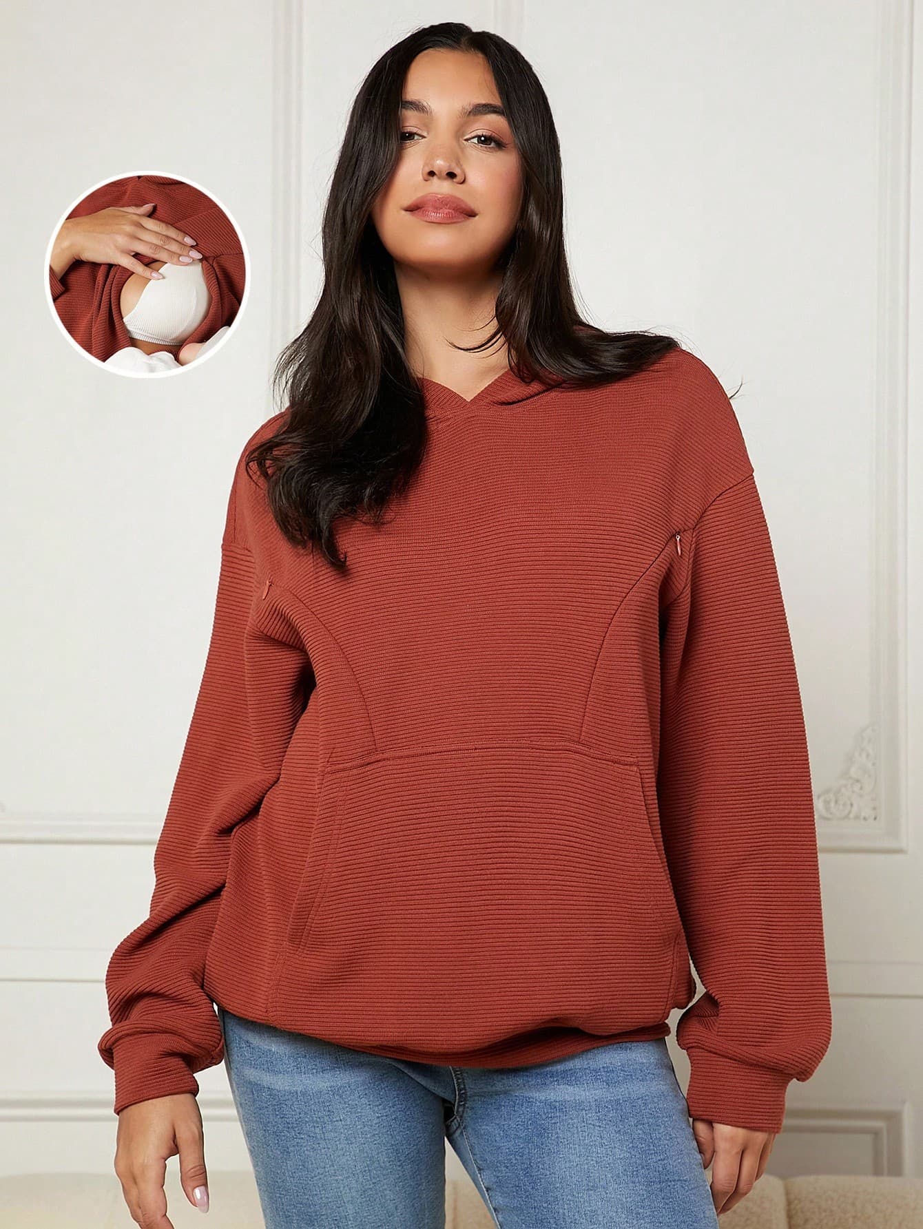 SHEIN Maternity Drop Shoulder Kangaroo Pocket Nursing Hoodie With Long Sleeve World Cup Fall