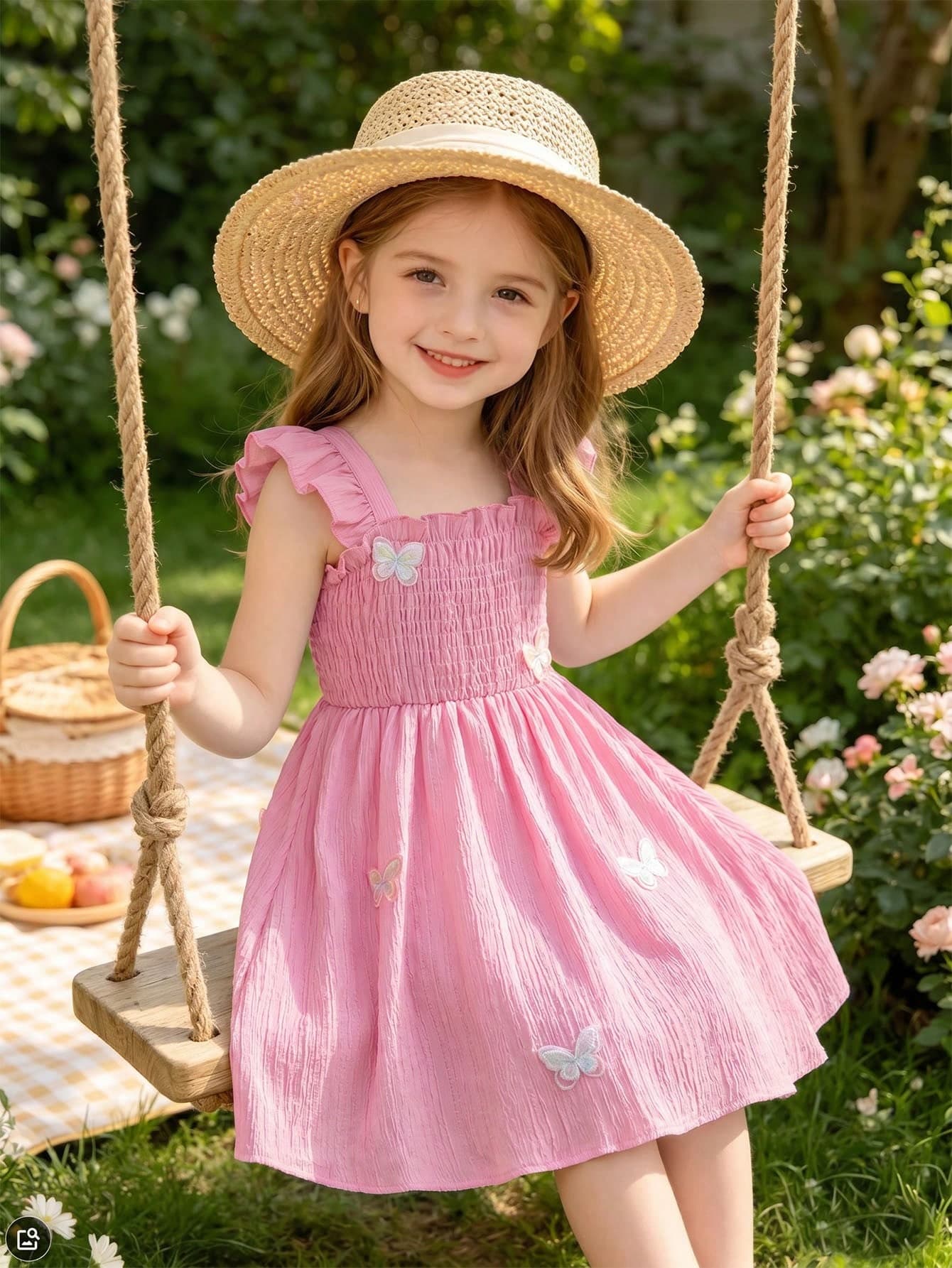 Elladie kids Young Girl Vacation Textured Fabric Shirred Dress, Sweet Baby Pink Patchwork, Delicate Flutter Sleeves, Suitable For 4-7 Years Old Girls, Beach