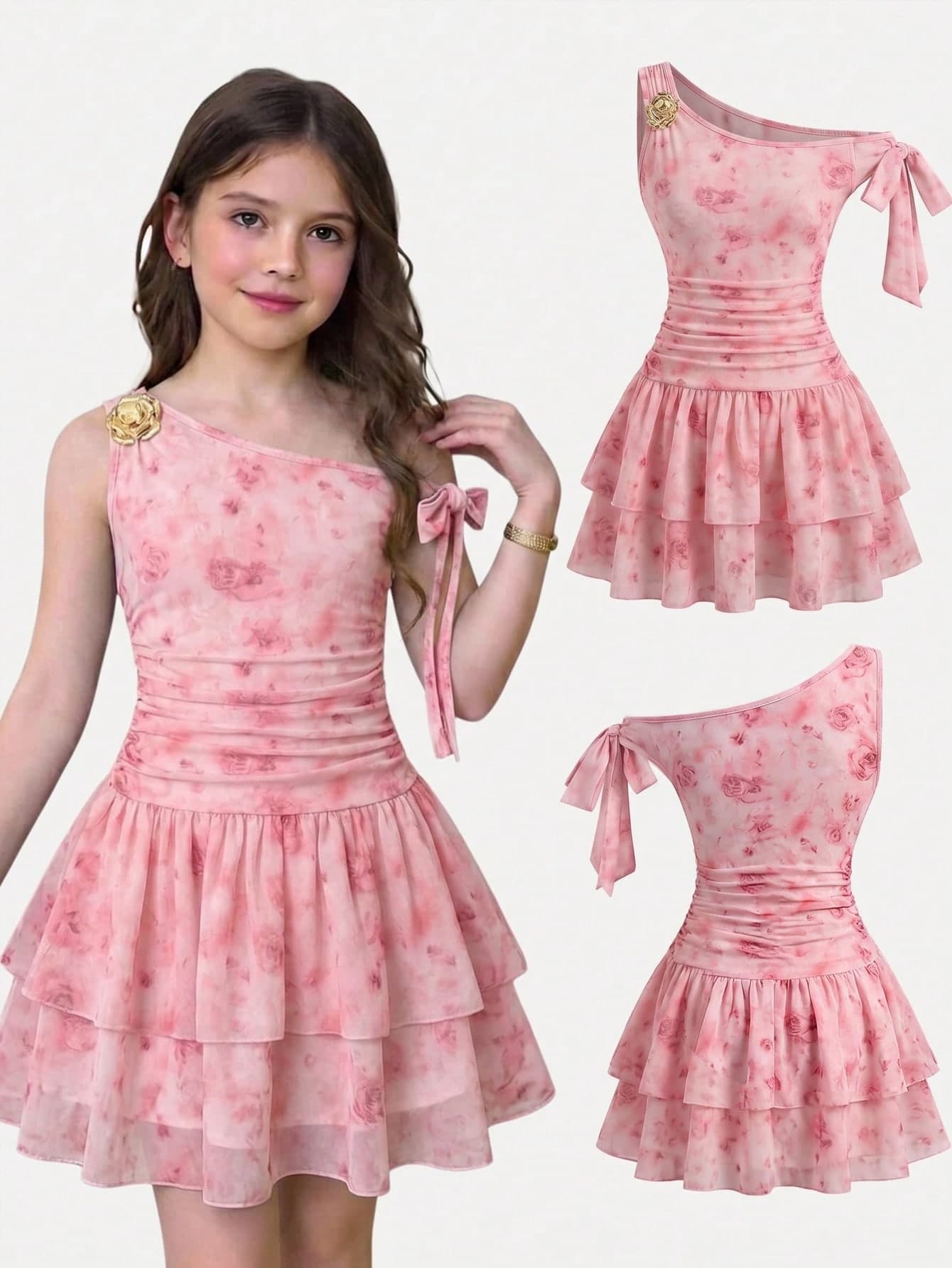SHEIN Tween Girl Fashionable Elegant Pink Ditsy Floral Asymmetrical Shoulder Dress Teen Girls Spring Summer Vacation Dresses For Clothes