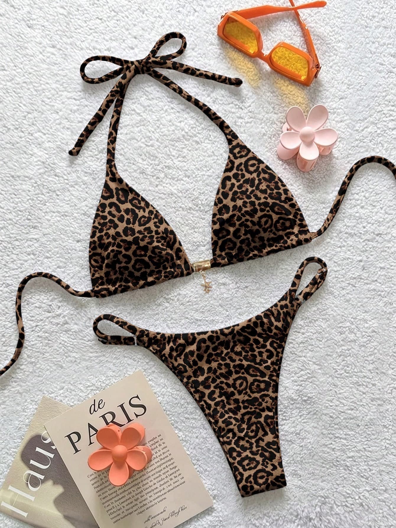 Soleia Women's Leopard Print Halter Bikini Set, Suitable For Summer