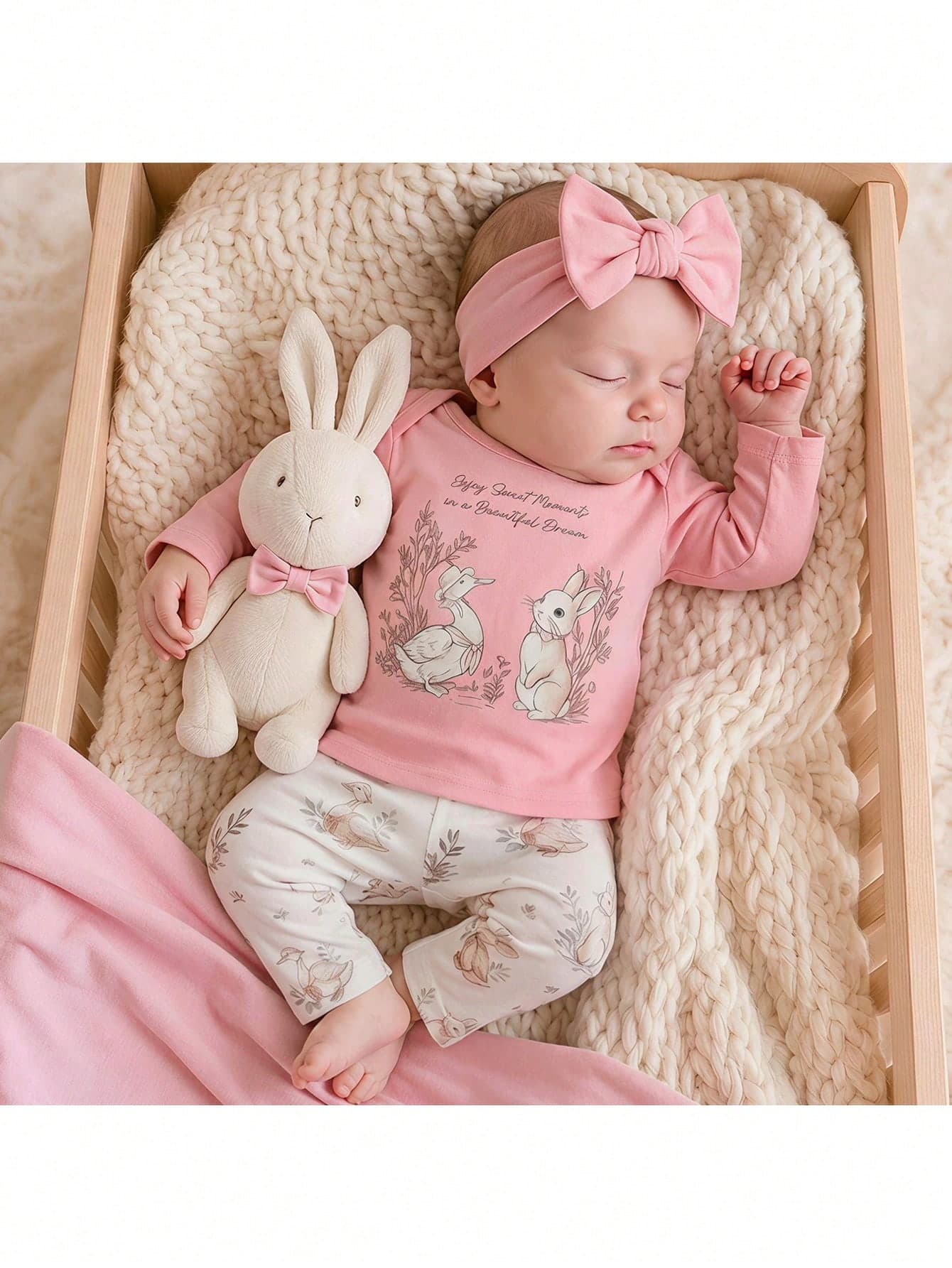 SHEIN Newborn Baby Girl Cute Casual Knitted Pink Cartoon Pattern Long Sleeve Top And Elastic Waist Long Pants 2-Piece Set