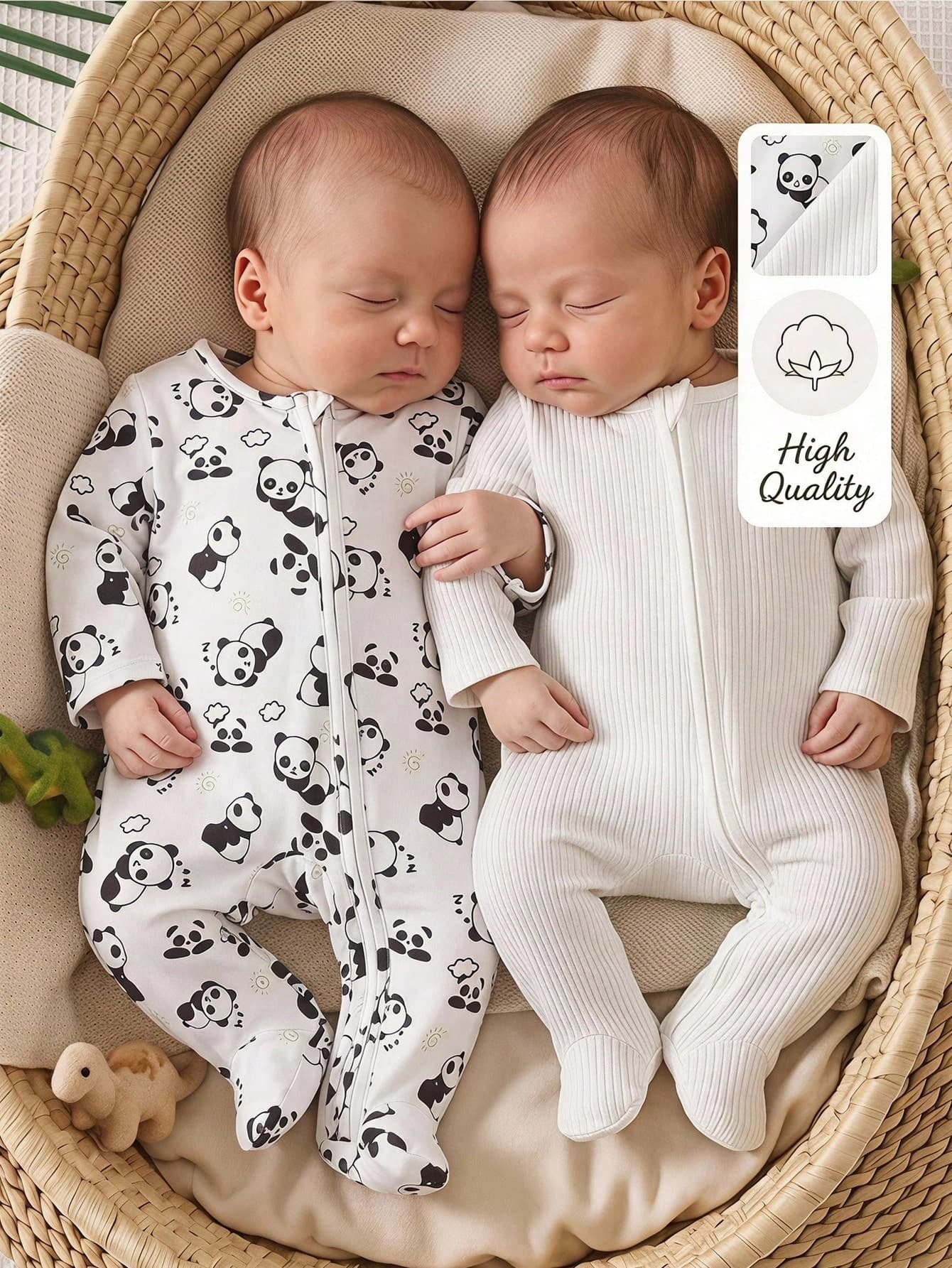 SHEIN Vintaside Kids 2-Piece Newborn Baby Boys Girls Cute Casual Sleepwear,Black And White Panda Print & Solid Footed Rompers Pajamas,Soft Winter Lounge Knit Nightwear
