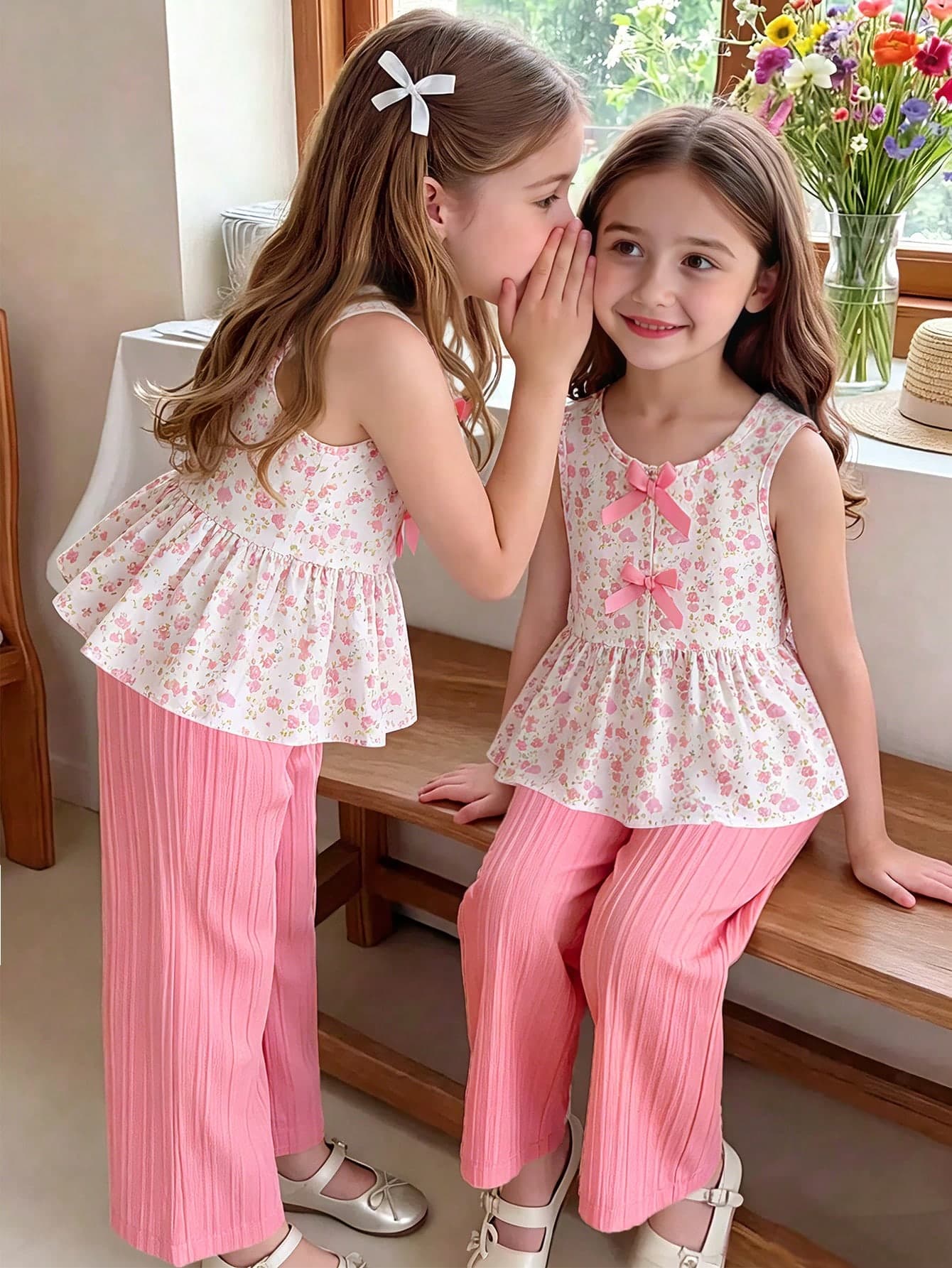 SHEIN Elladie kids Young Girls New Fresh Pastoral Exquisite Ditsy Floral 2-Piece Set, Pink Bow Decor Sleeveless Tank Top + Pink Textured Fabric Wide Leg Long Pants, Sweet Cute Stylish Casual Wear, Summer