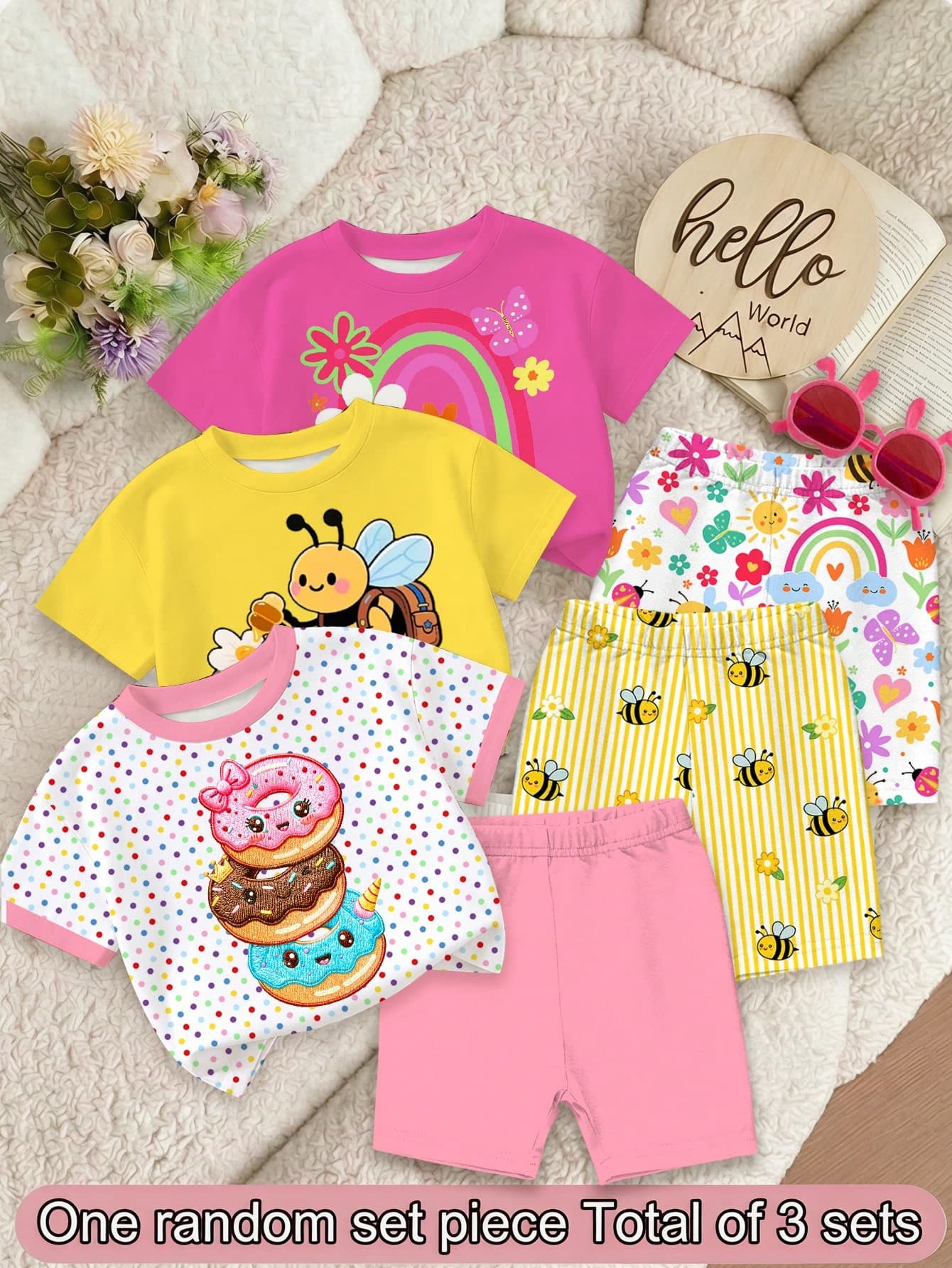 SHEIN Baby Girl Casual Cute Donut Pattern, Colorful Polka Dot Print, Sweet Cream Style, Vacation Style, Short Sleeve Shorts Two Pieces Set Suitable For Summer, Graphic, Cozy, Girls Outfit Sets, Y2K, Vintage, Vacation, Dopamine Color