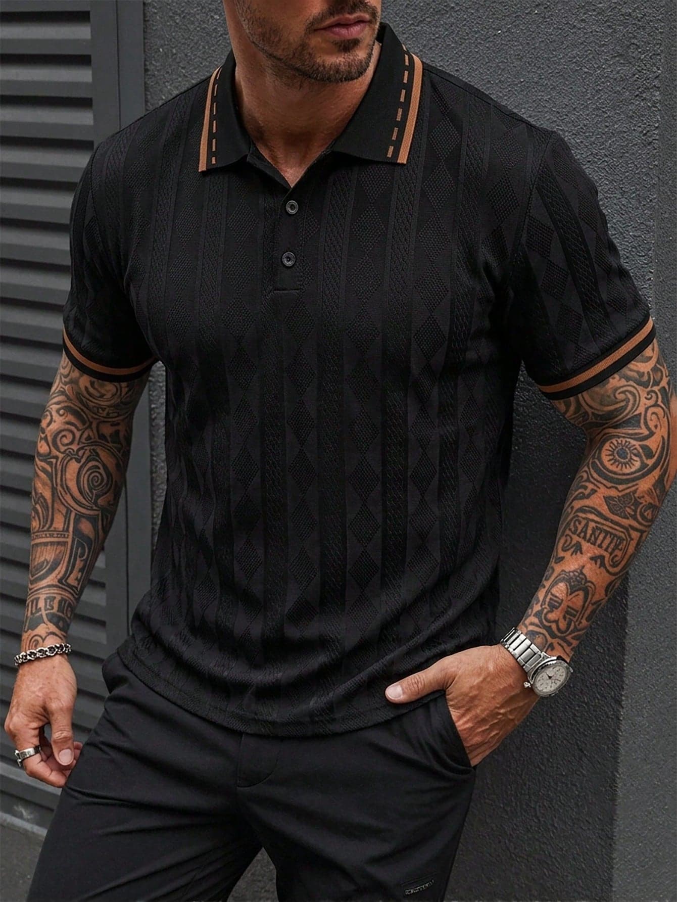 Manfinity Homme Men's Black Summer Smart Casual Polo Shirt,Geometric Diamond-Textured Jacquard Knit Short-Sleeve Holiday Polo,Old Money Style French Elegance Top