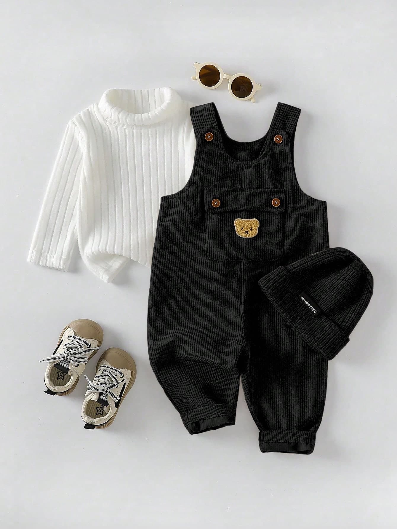 SHEIN Playful Pals Baby Boy Baby Girl Unisex Infant Toddler 0-3 Years Old Spring Autumn Pure White High Neck Pullover Long Sleeve Top With Apricot Suspenders Long Pants Set, Cute Bear Patch Decoration On Chest, Casual Fit Suitable For Outings And Home Leisure