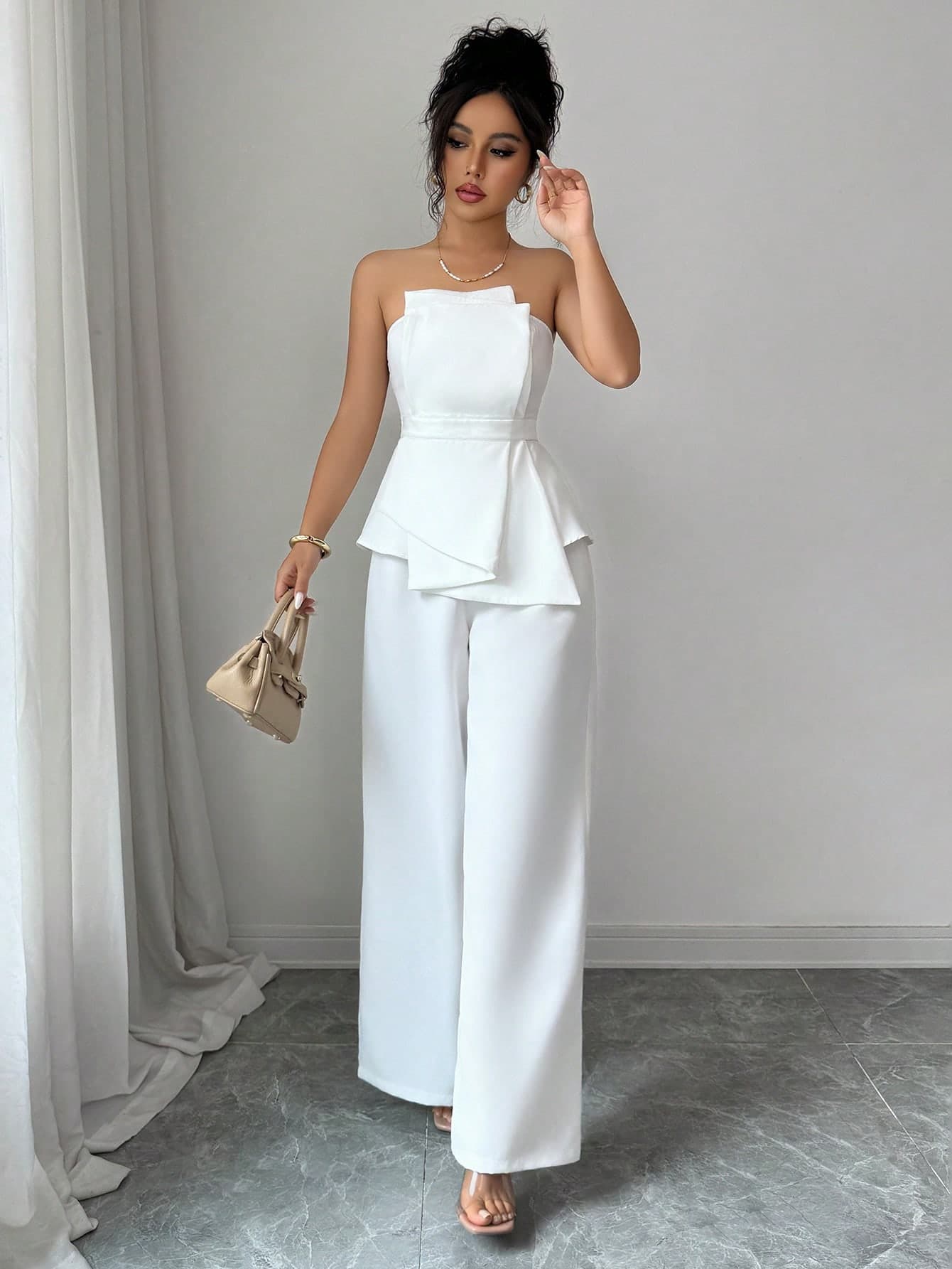 SHEIN Elenzya Women's Solid Color Bandeau Top And Long Pants 2 Pieces Set