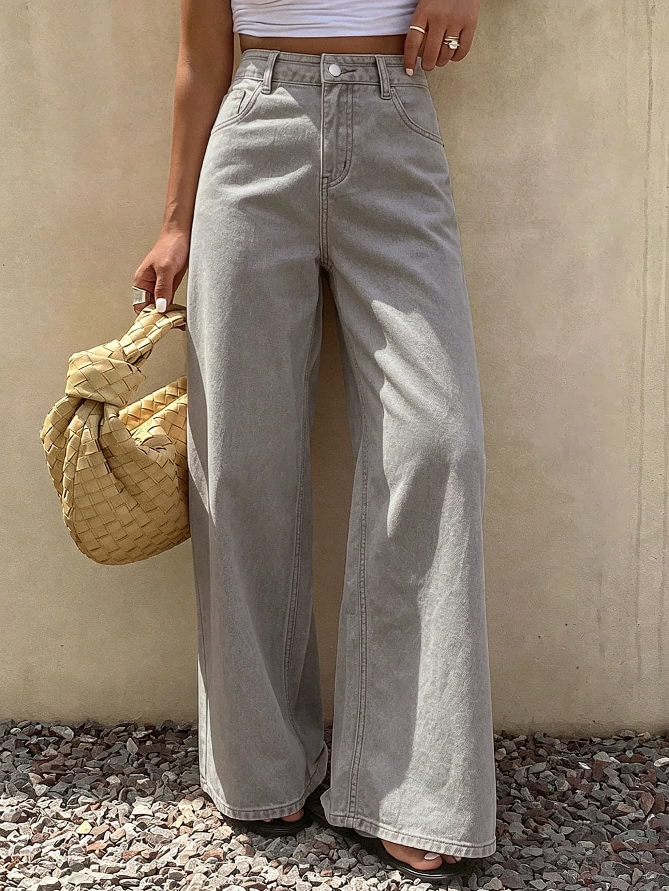 DAZY High Waist Loose Grey Washed Solid Color Straight Leg Wide Leg Long Casual Women's Jeans Night Autumn