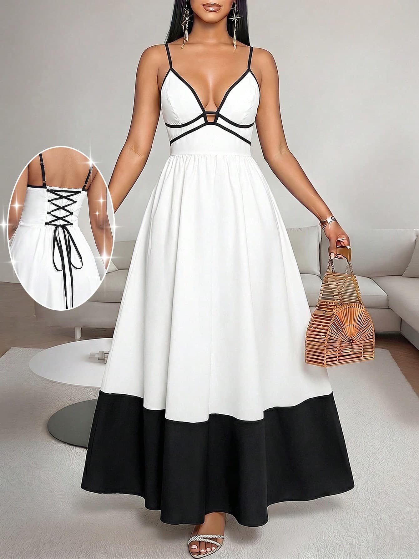 SHEIN Lady Women Black And White Colorblock Midi Dress Spaghetti Strap V Neck Lace Up Corset A Line Fit And Flare Sexy Elegant Summer Beach Party Vacation Date