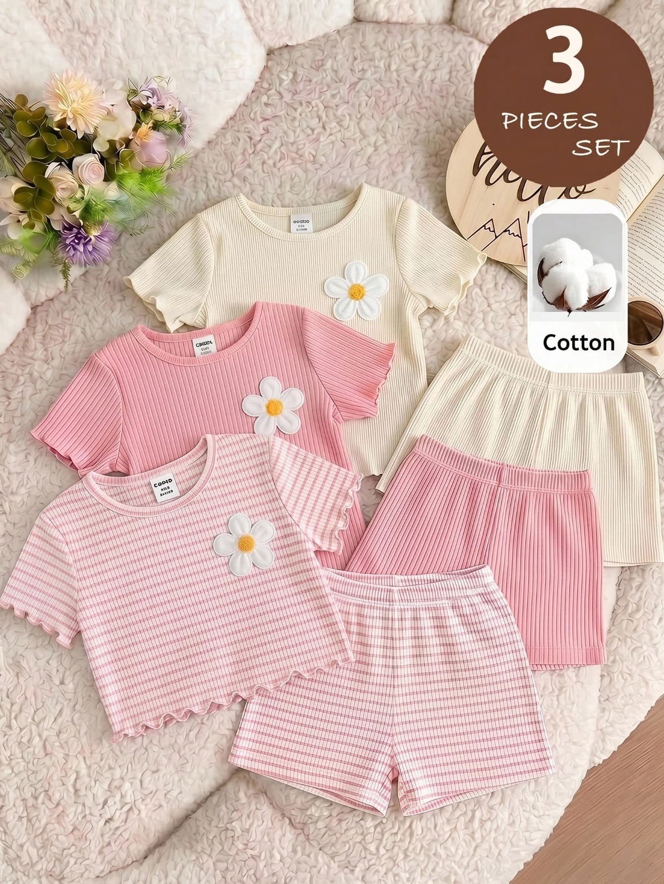 SHEIN LMoss Kids 3pcs Baby Girl Knit Casual Crew Neck T-Shirts, Adorable Floral & Striped Knit