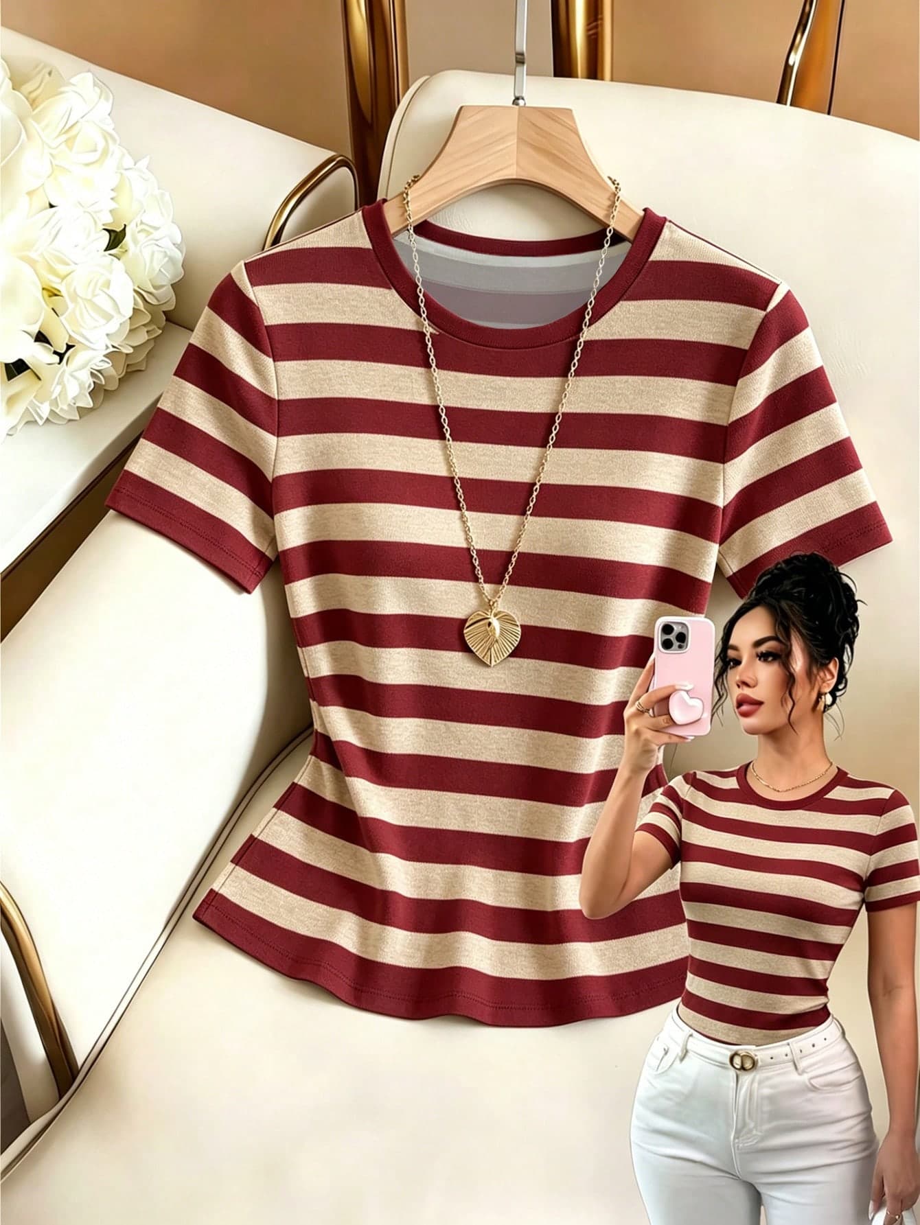 SHEIN Elenzya Vintage Burgundy Striped Crew Neck Short Sleeve T-Shirt For Women, Versatile Top, French Contrast Striped Slimming Retro Striped T-Shirt
