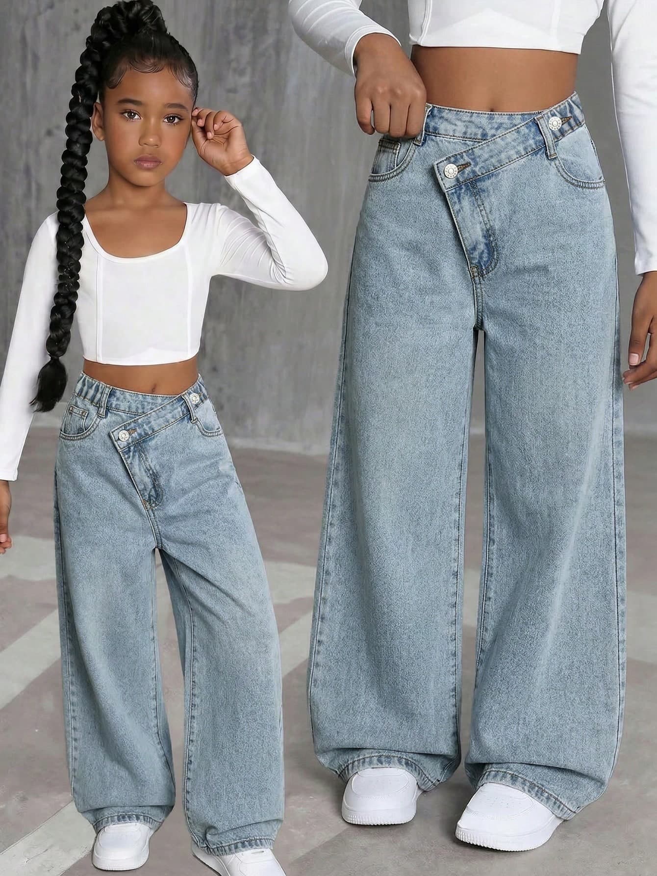 SHEIN 1pc Tween Girls Light Blue Baggy Jeans,Autumn School Streetwear High Waist Wide Leg Denim Pants,Big Girls Loose Straight Cargo Jeans,Y2k Flowy Pants