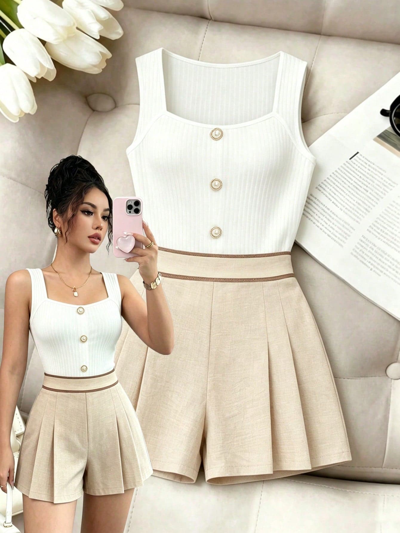 Elenzga Apricot Elegant Commuter Slimming Versatile Wide Leg Shorts Women 2 Pieces Set