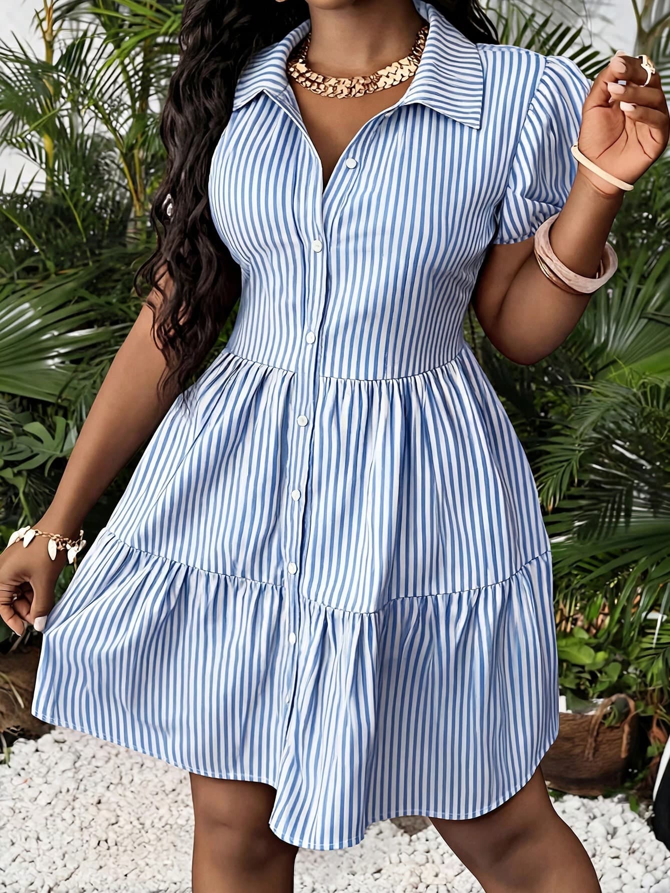 Slaydiva New Summer Blue & White Striped Pattern Vacation Puff Sleeve Button-Down Tiered Loose Dress