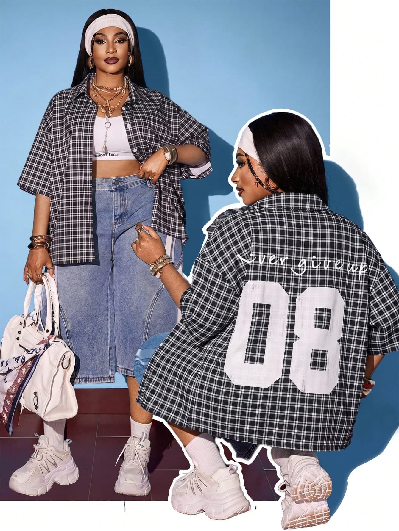 Maweii Plus Size Women's Summer Black And White Plaid Letter Print Short Sleeve Cardigan Shirt, Street 90s Casual Back-To-School Teacher