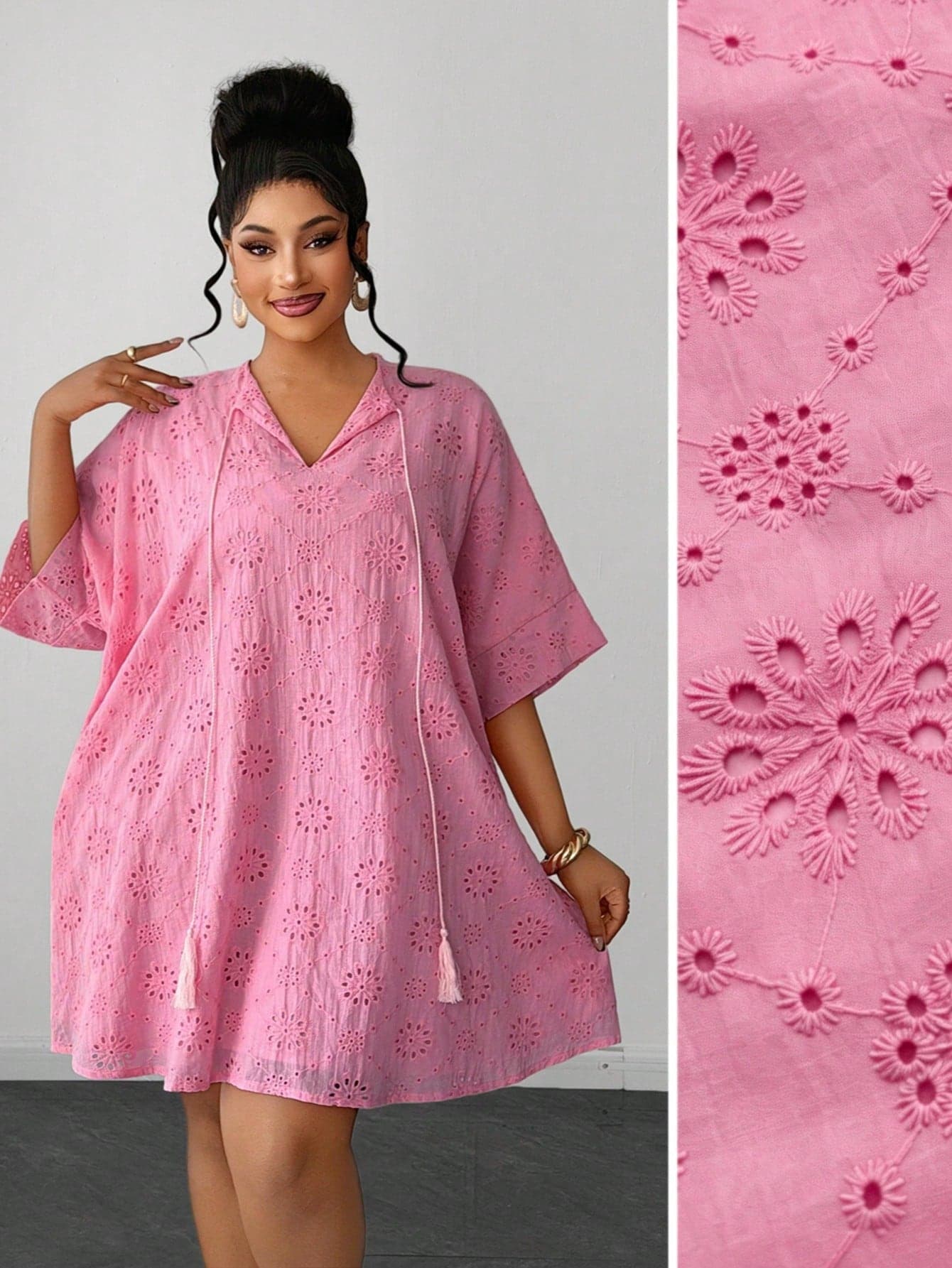 Maweii Plus Size Vacation Casual Pink Hollow Embroidery Dress