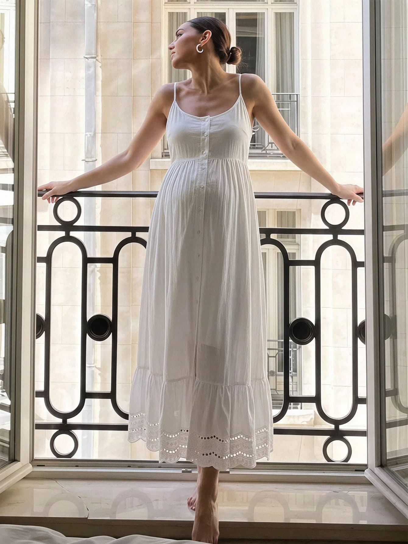 SHEIN Maternity Solid Color Pleated Casual Daily Photoshoot Outing Spaghetti Strap Dress White Summer