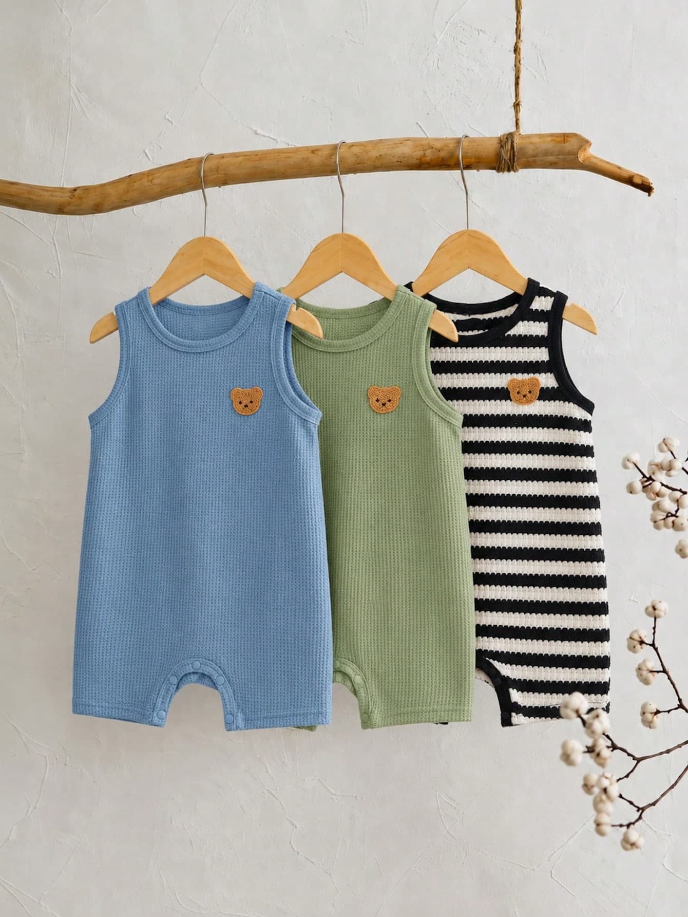 SHEIN 3pcs/Set Unisex Newborn Baby Boy/Girl Casual Cute Waffle Sleeveless Romper Set, Baby Outfit