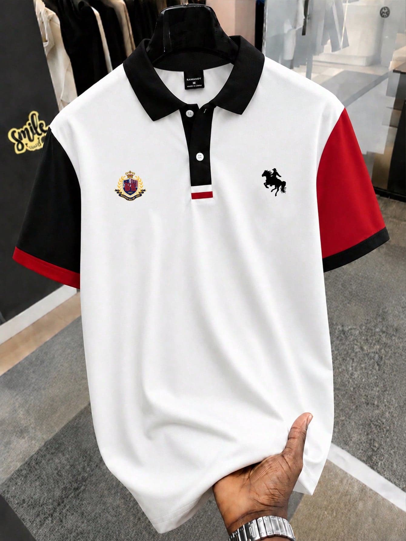 NEOREFINED Men's Classic Colorblock Collar Short Sleeve Polo Shirt, Badge Print Casual Short Sleeve Top, Urban Casual Versatile Style