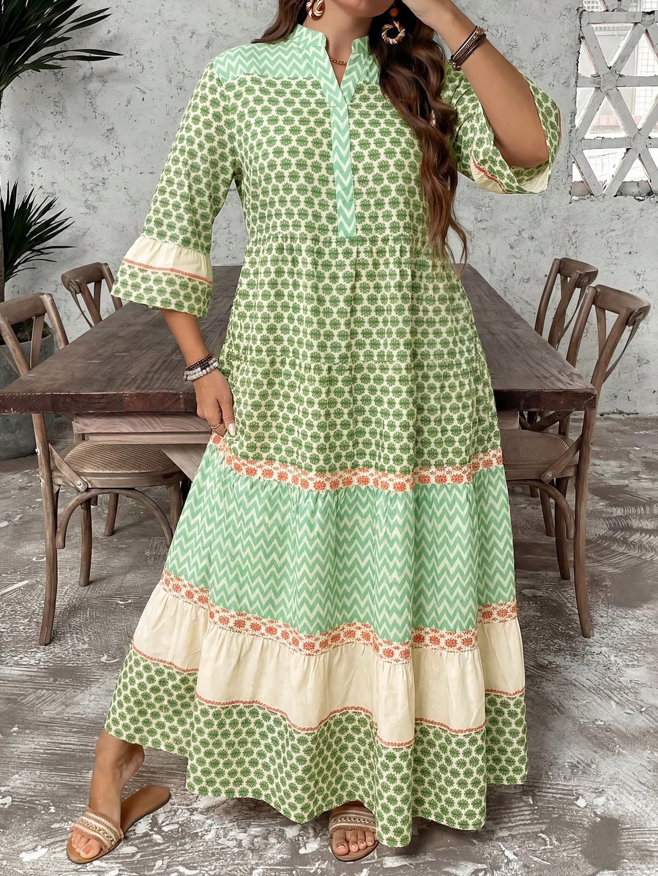 Comfylo Plus Size Light Green Summer Boho Vacation Holiday Floral Print 4-Layer Baby Doll Maxi Dress,Casual Wedding Guest Graduation Birthday Beach Outfits