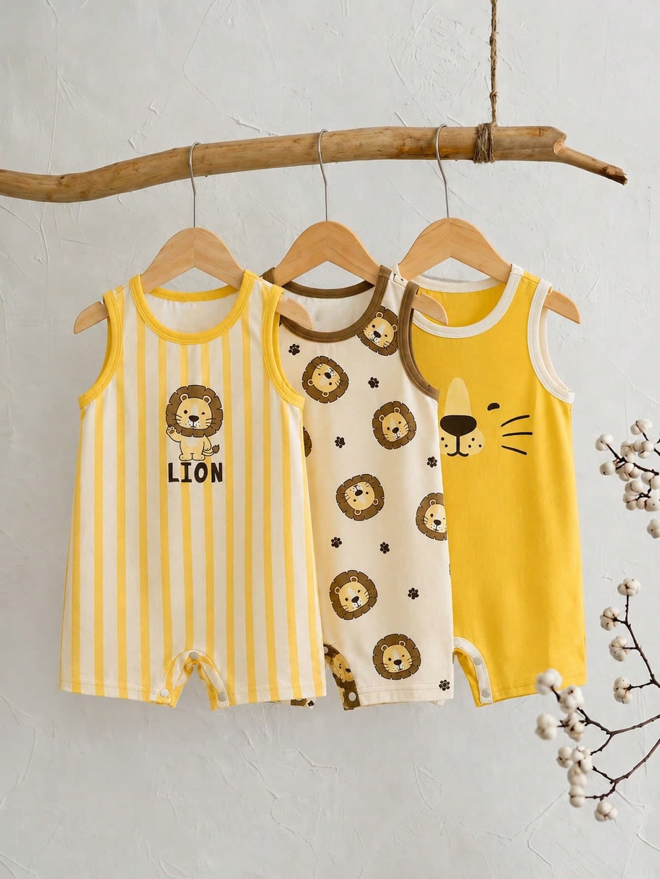 SHEIN Unisex Newborn Baby 3pcs Casual Cute Lion Print Sleeveless Romper Set, Baby Rompers, Outfits, Summer Clothes