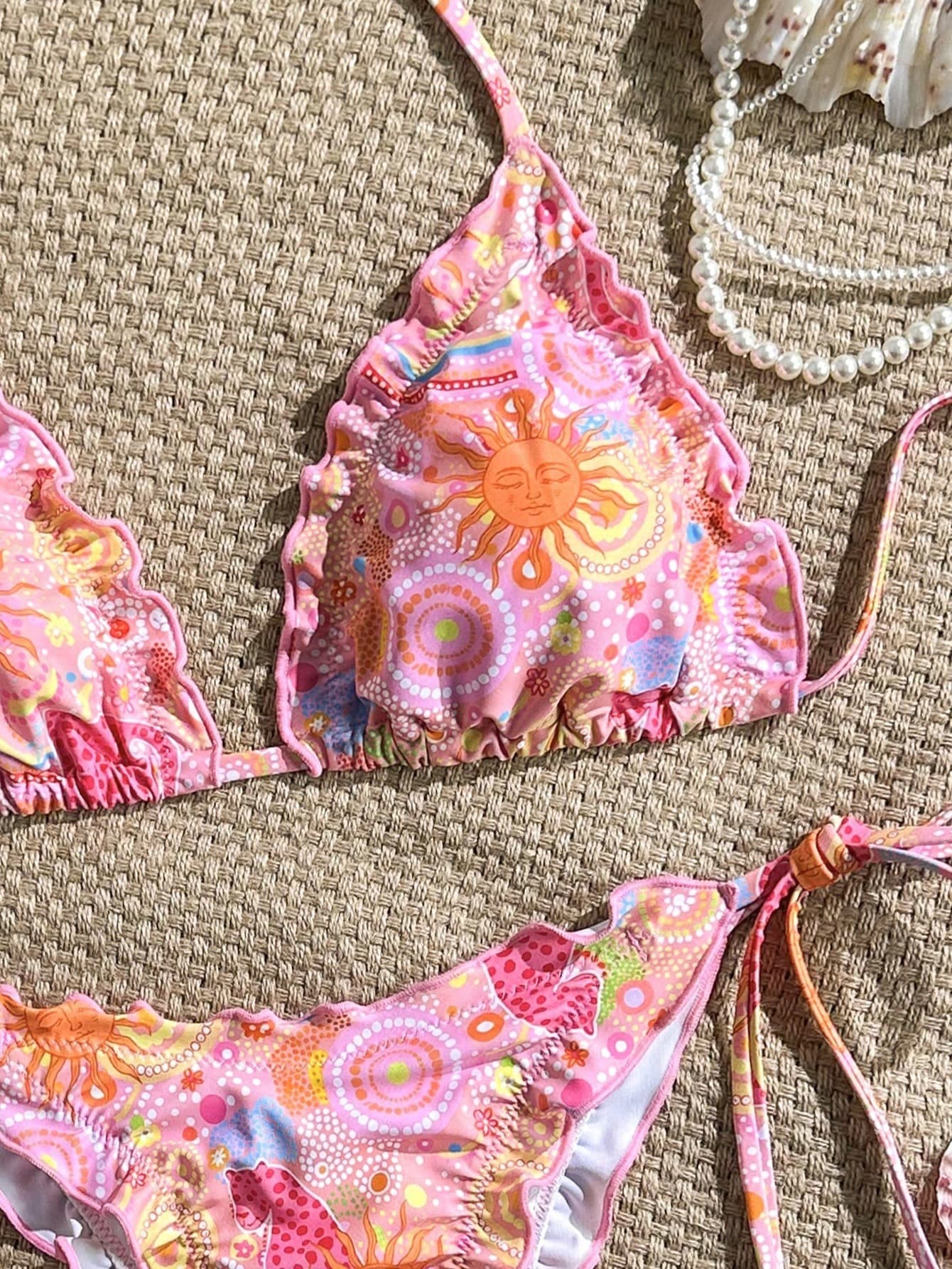 Swim Mod 2pcs/Set Women Pink Summer Boho Beach Holiday Holiday Bikini Set,Sun Print Floral Ruffle Trim Halter Triangle Top And Side Tie Bottoms Swimwear