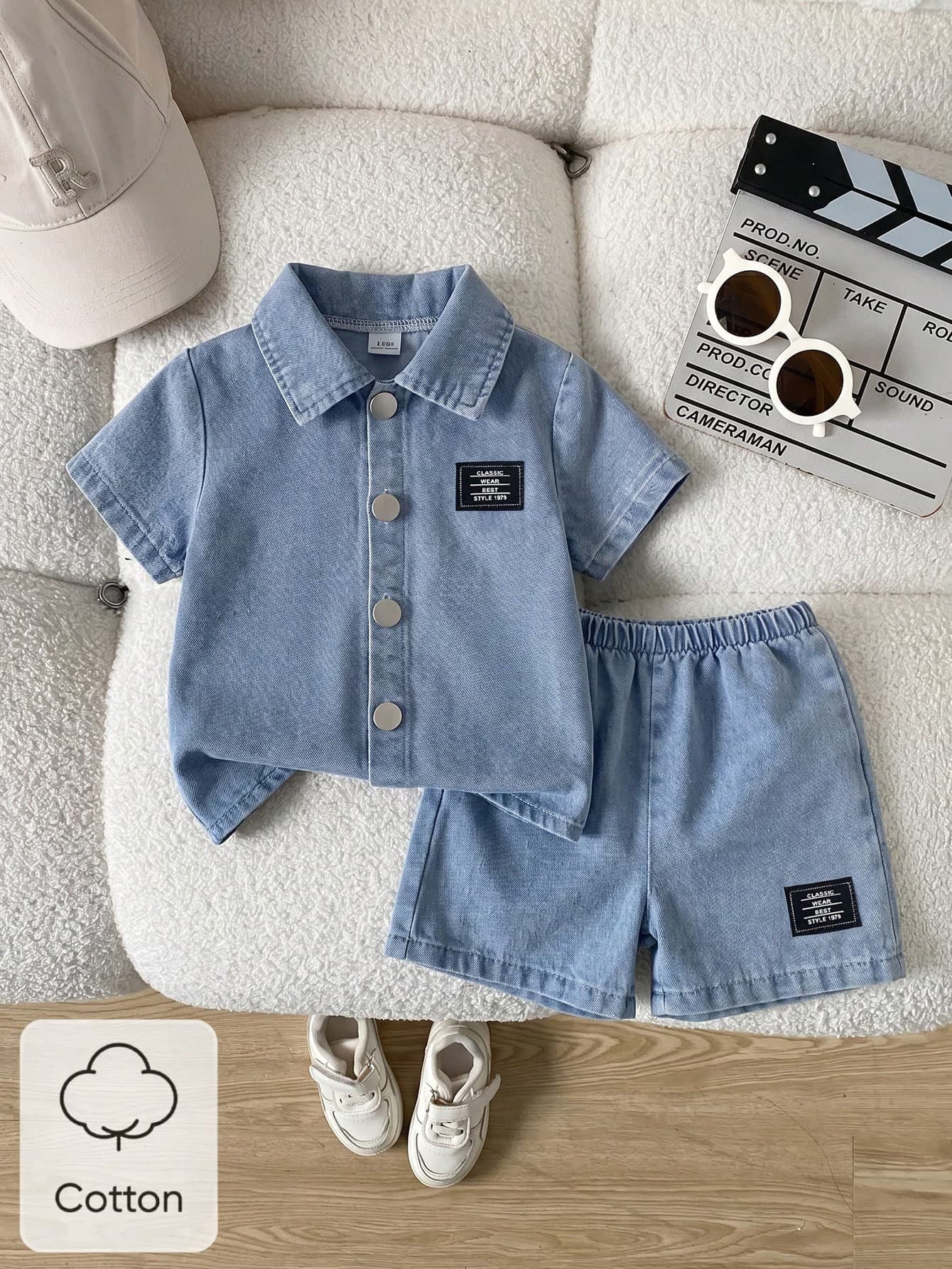 SHEIN Playful Pals Baby Boy Summer Blue Denim Set, Fashionable Lapel Short Sleeve Cardigan Top Paired With Shorts, Minimalist Style, Loose Fit, Suitable For Outings, Casual Wear, Daily Sports, Party Events
