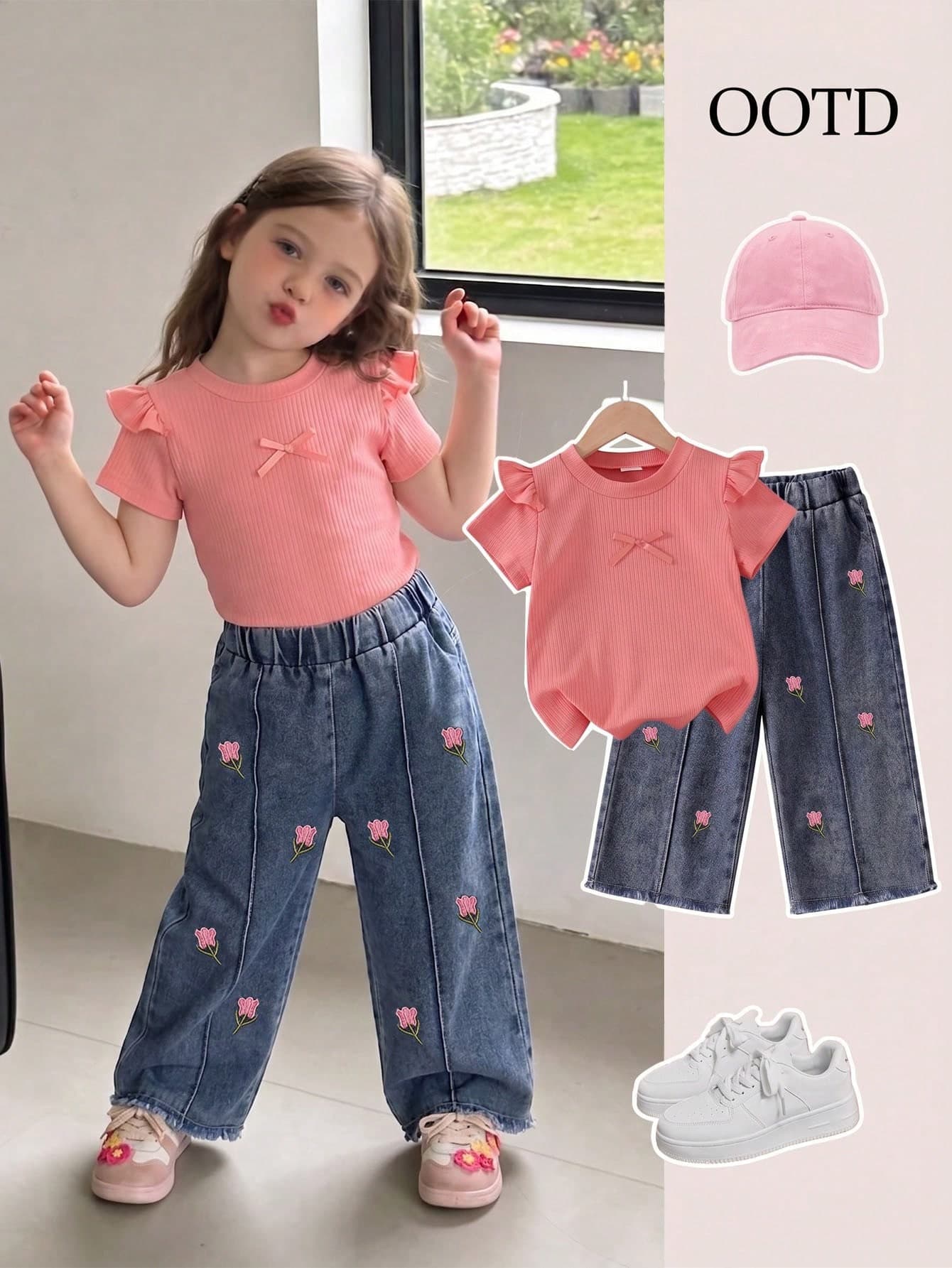 Elladie kids Young Girls Pink Orange Flutter Sleeve Cap Sleeve Bow Round Neck Ribbed Knit T-Shirt Top Denim Floral Embroidery Straight Leg Pants Set Summer