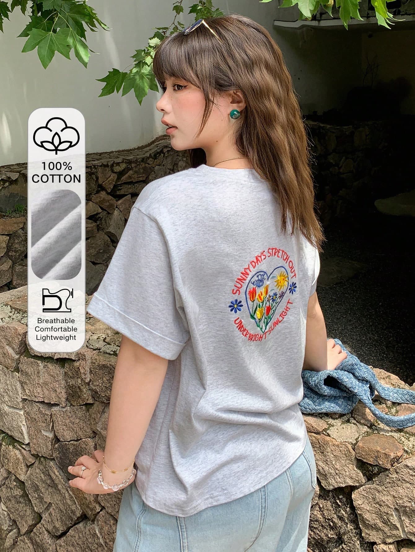Dazy Plus Solid Color Casual Cute Pattern Embroidered Plus Size Women's Short Sleeve T-Shirt, Spring/Summer