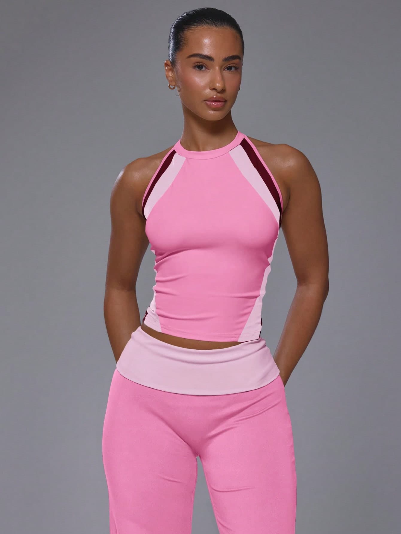 Musera Sport Contrast Colour Front Panels Scoop Neck Racer Back Fitted Active Tank Top Coord Top