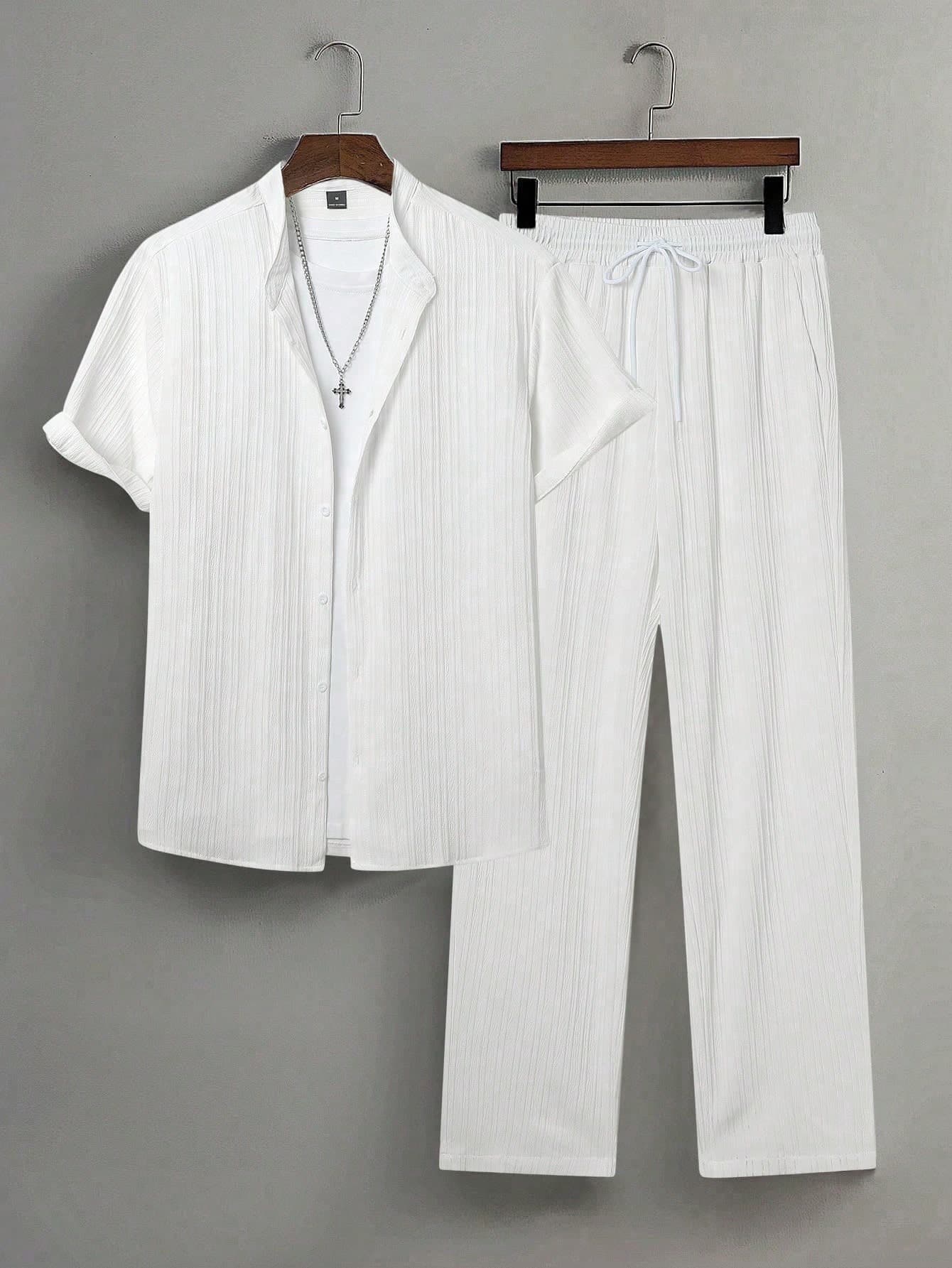Manfinity Hypemode 2pcs Men Casual Solid Color Textured Short Sleeve Shirt And Drawstring Waist Loose Straight-Leg Pants Set, Two Pieces Outfits, Clothes, Cozy, Formal