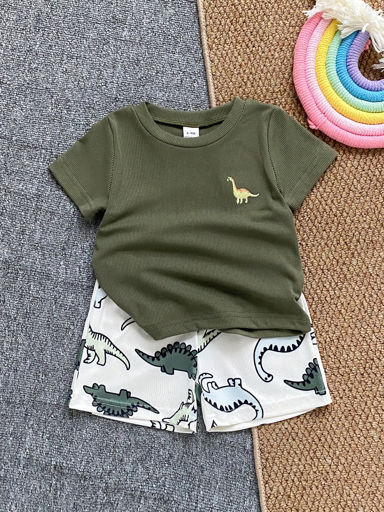 SHEIN Playful Pals 2pcs Baby Boy Set Dinasour Print Short Sleeve Tee Top And Shorts Clothes Summer Baby Outfit