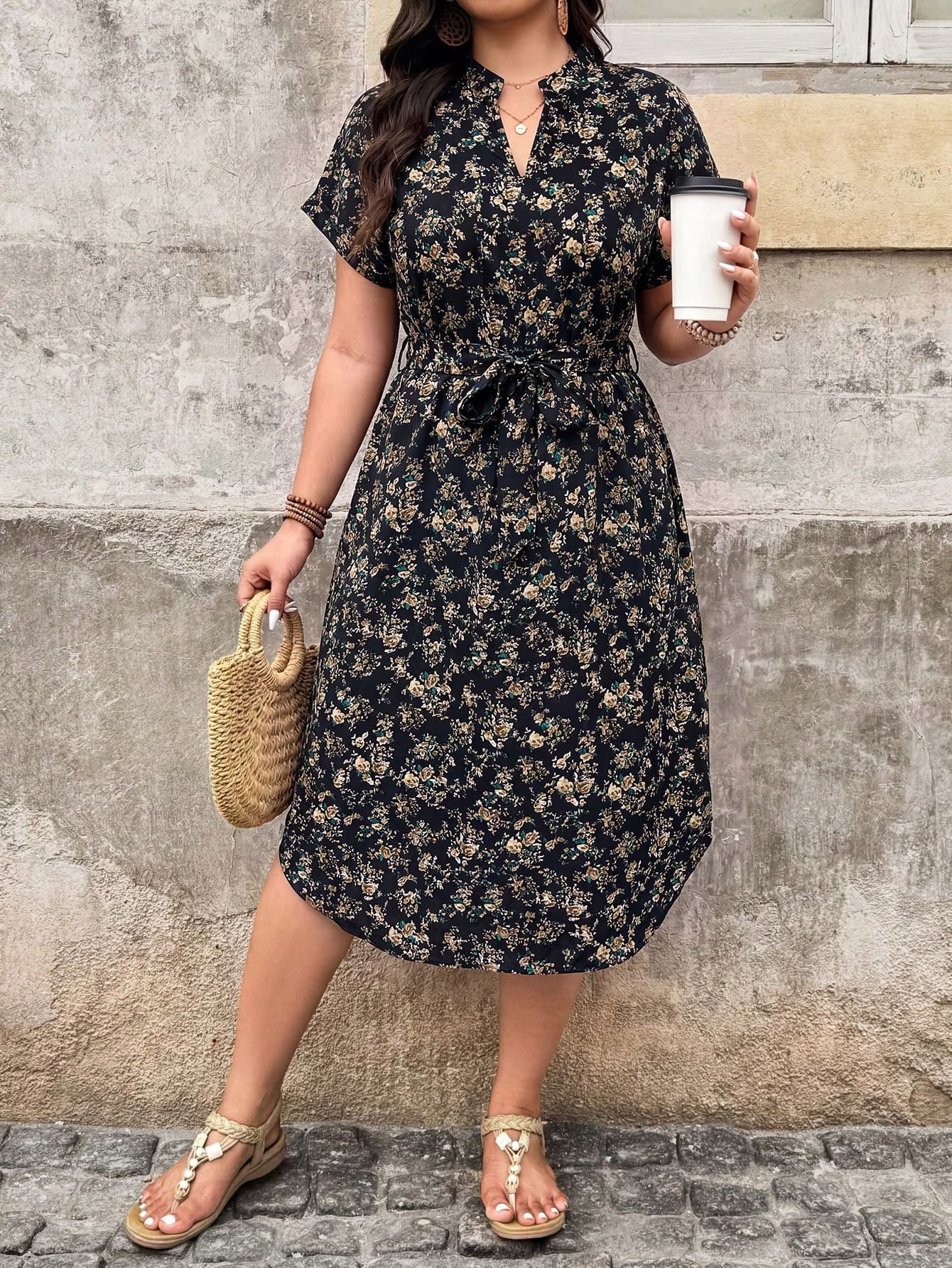 SHEIN LUNE Plus Size Women's Notched V-Neck Casual Boho Party Vacation Vacation Vacation Vacation Brunch Travel Dress Black Summer