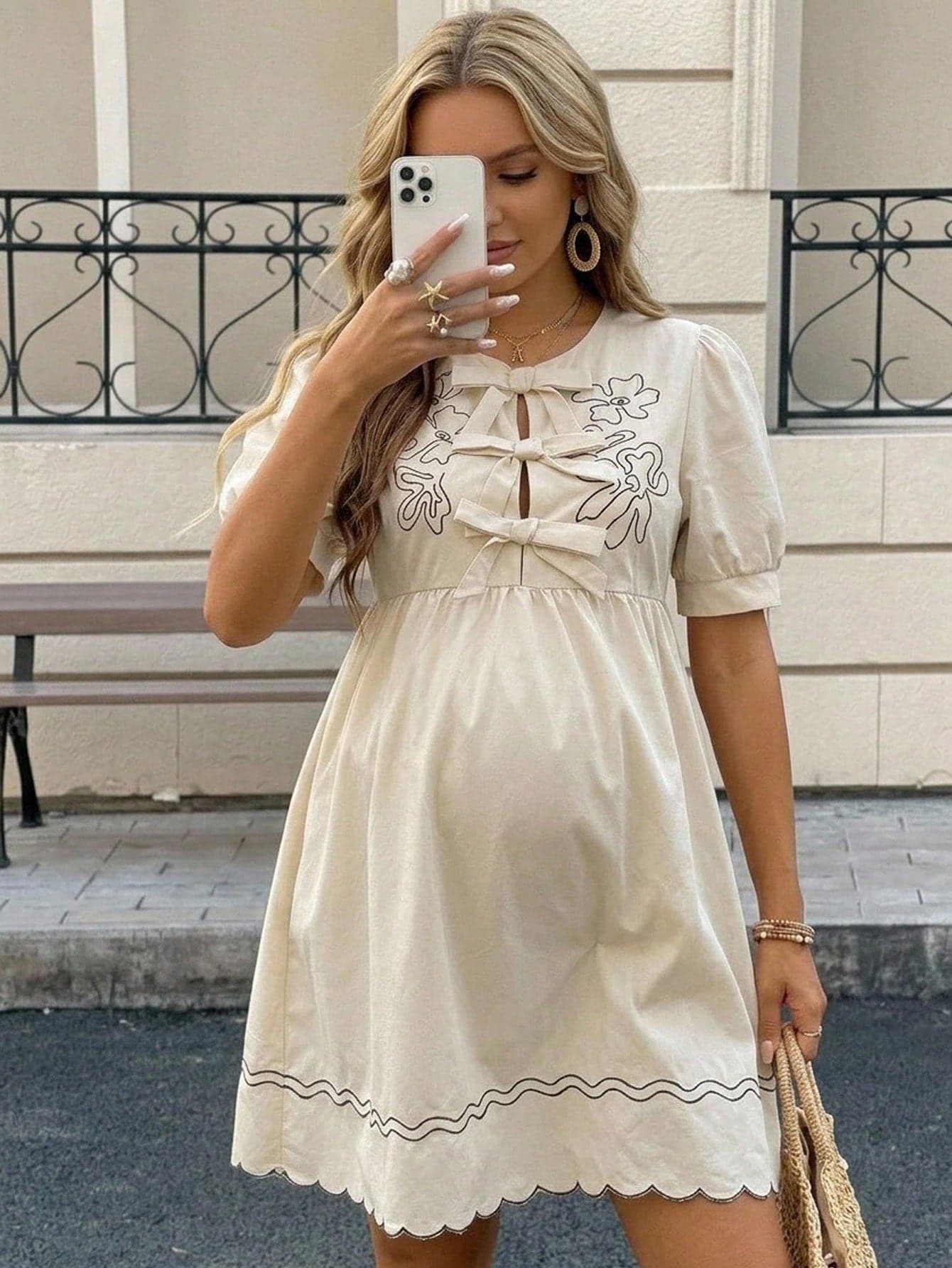 SHEIN Maternity Summer Elegant Bow Tie Puff Sleeve Dress