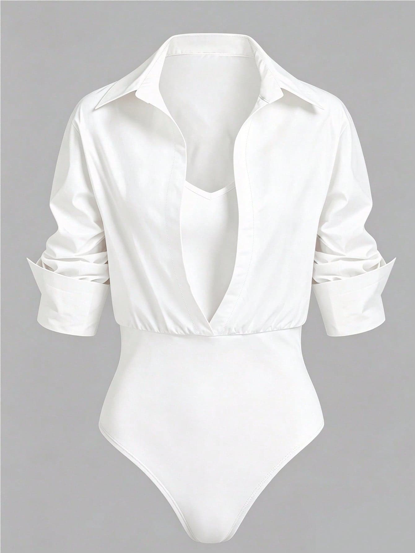 SHEIN LUNE Women's Chic All White 2 In 1 Shirt Bodysuit,Collared V-Neck Button Pleated Long Sleeve Vest Patchwork Slim Fit Bodysuit,Summer Everyday