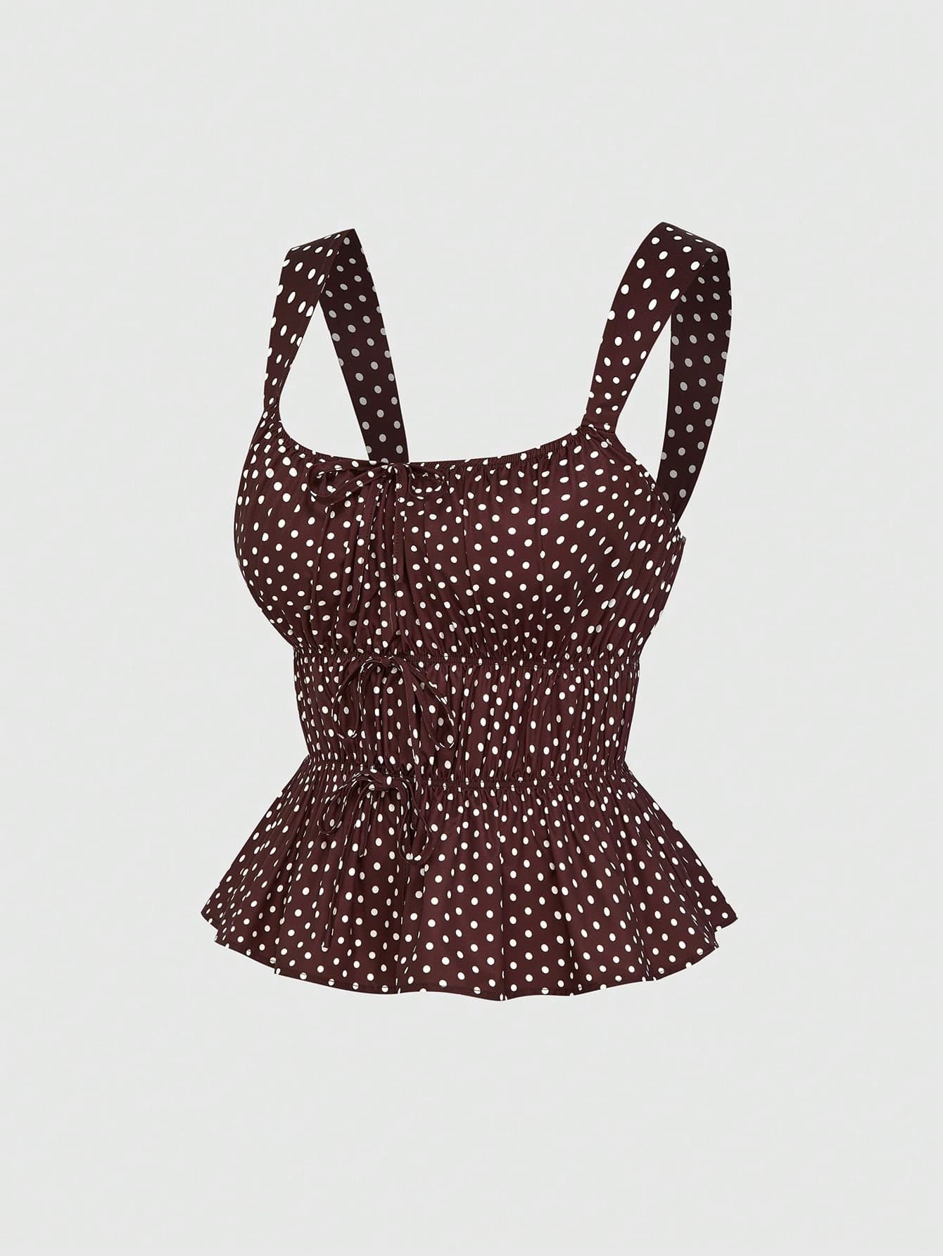 Sweetra Plus Size Women's Sleeveless Cami Tank Top, Vintage Polka Dot Square Neck, Drawstring Waist, Ruffle Hem, Cropped Fitted Slimming, Retro Brown Polka Dot Wide Shoulder Straps, Ruched Decor, Versatile Summer Sleeveless Cami Top