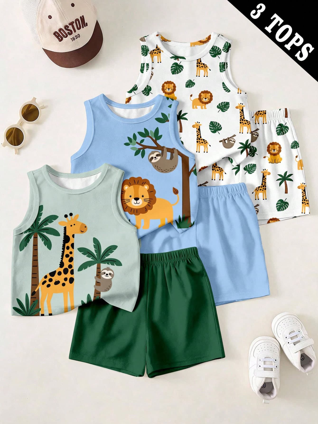 Baby Boy Casual Minimalist Tank Tops 3pcs Set For Summer, Classic Cute Cartoon Giraffe Print, Handsome Lion, Little Bear Print, Palm Tree Print, Suitable For Vacation