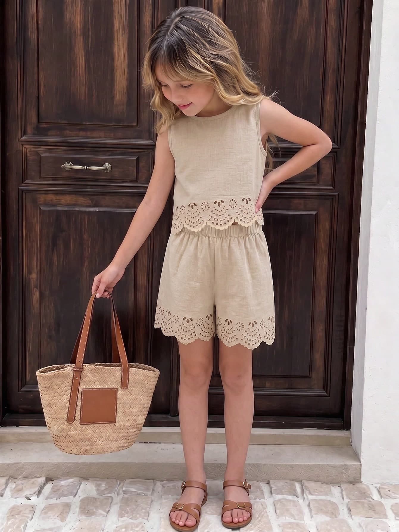 Elladie kids Young Girls T-Shirt Set: Sleeveless Tank Top + Matching Shorts, Clean And Crisp With A Gentle Texture. The Hollow Lace Trim On The Hem And Shorts Cuffs Is The Highlight Of The Set, With Delicate Floral Patterns Bringing A Vintage Elegance, Perfect For Summer Wear