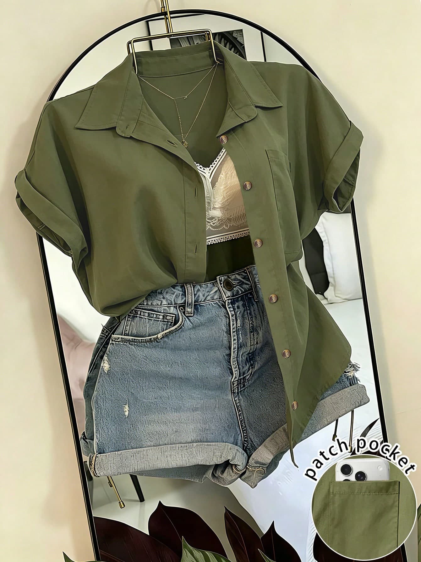 EMERY ROSE Solid Color Short Sleeve Pocket Casual Vacation Shirt